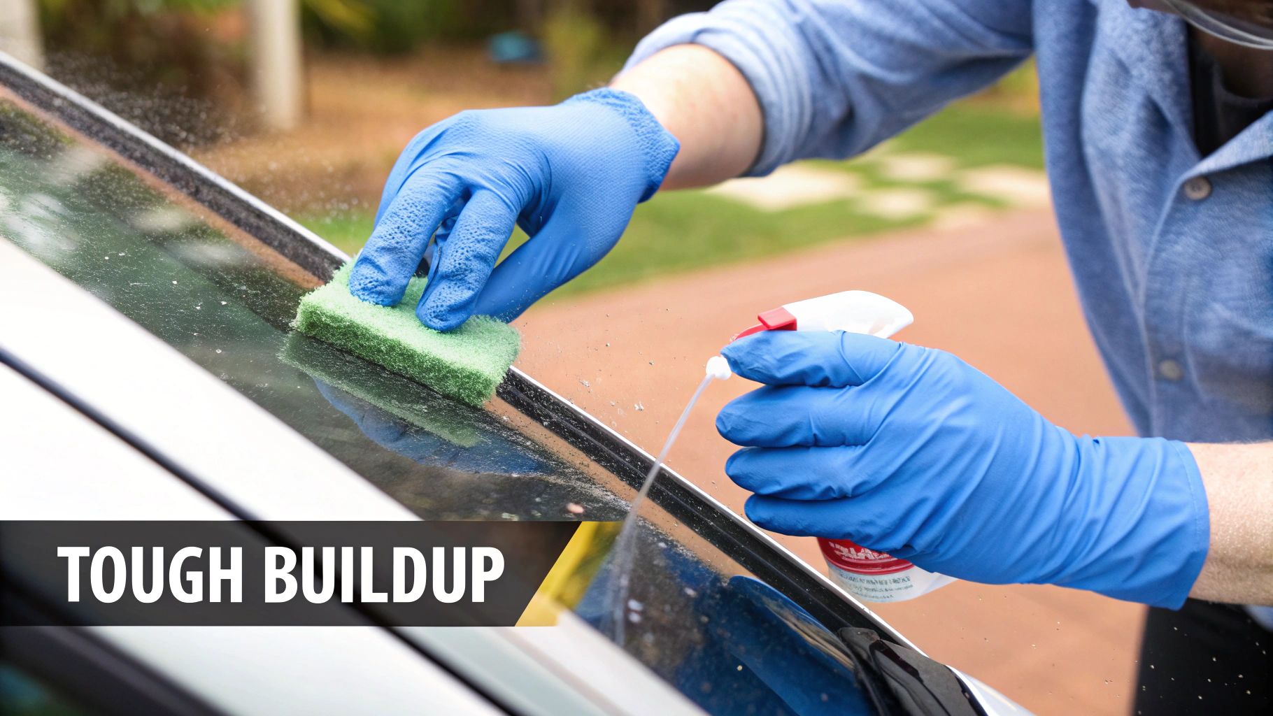 A professional window cleaner using specialized tools to remove tough mineral buildup from a large window.