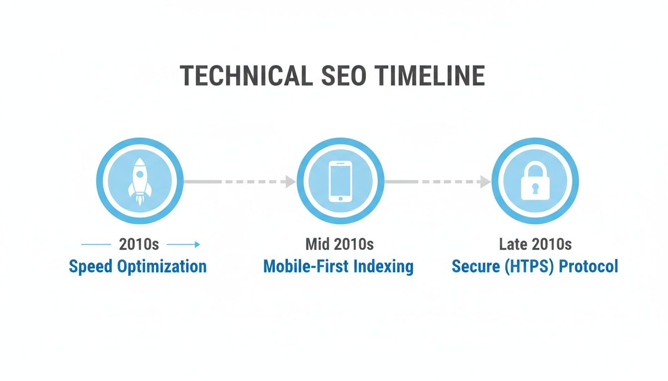Technical SEO timeline illustrating speed optimization, mobile-first indexing, and HTTPS protocol evolution during the 2010s.