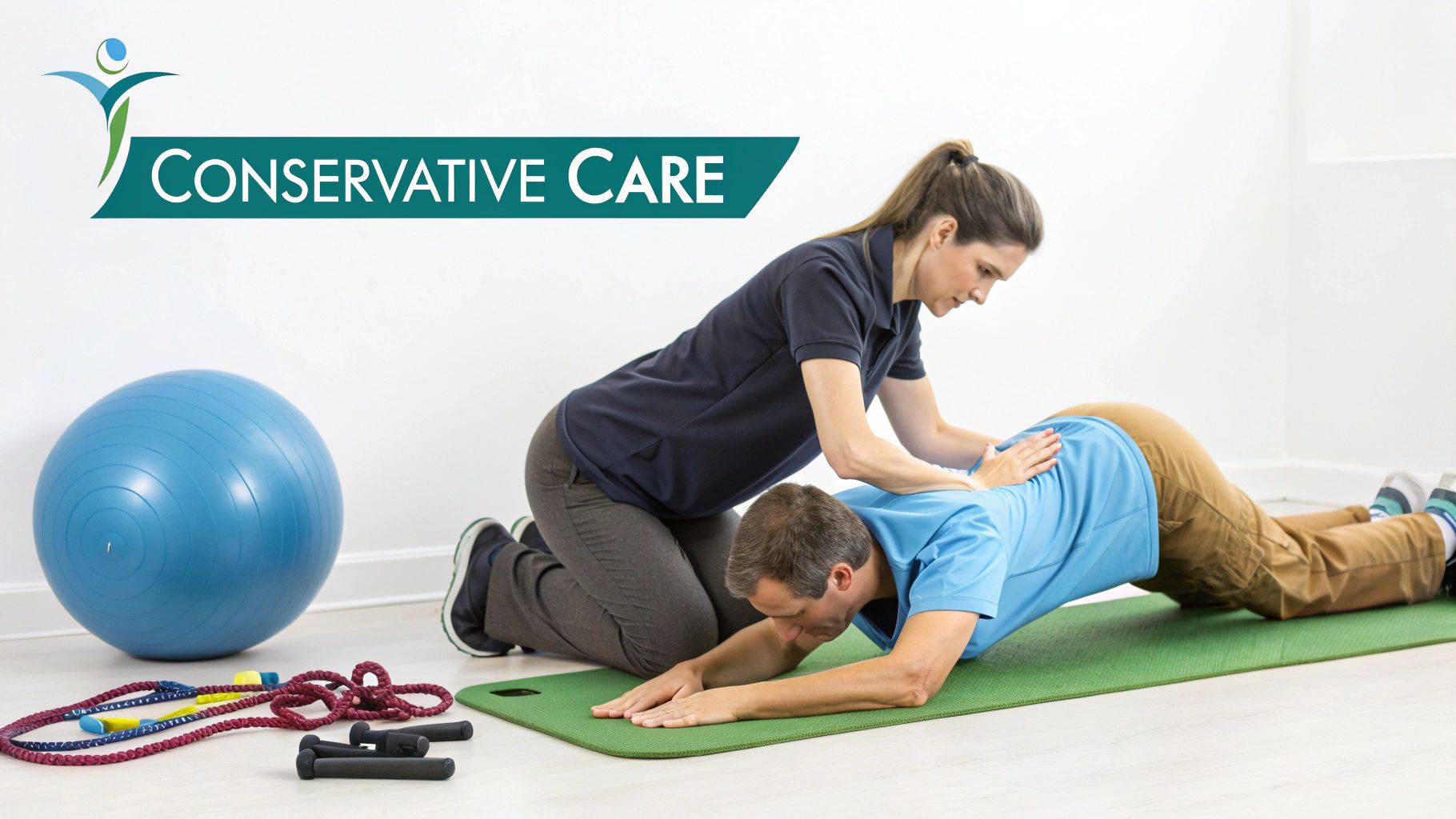 A female physical therapist assists a male patient with a back exercise on a mat, demonstrating conservative care.