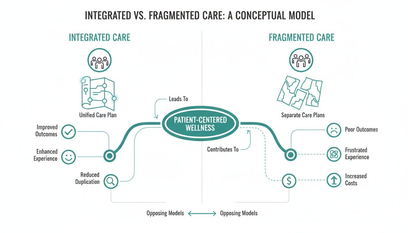 Diagram comparing integrated and fragmented care models, showing their impact on patient-centered wellness, outcomes, and costs.