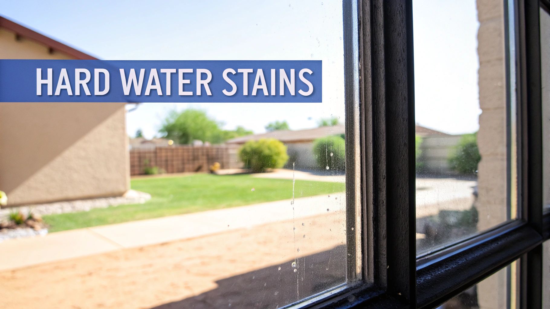 A window covered in hard water stains, with a view of a desert landscape outside.