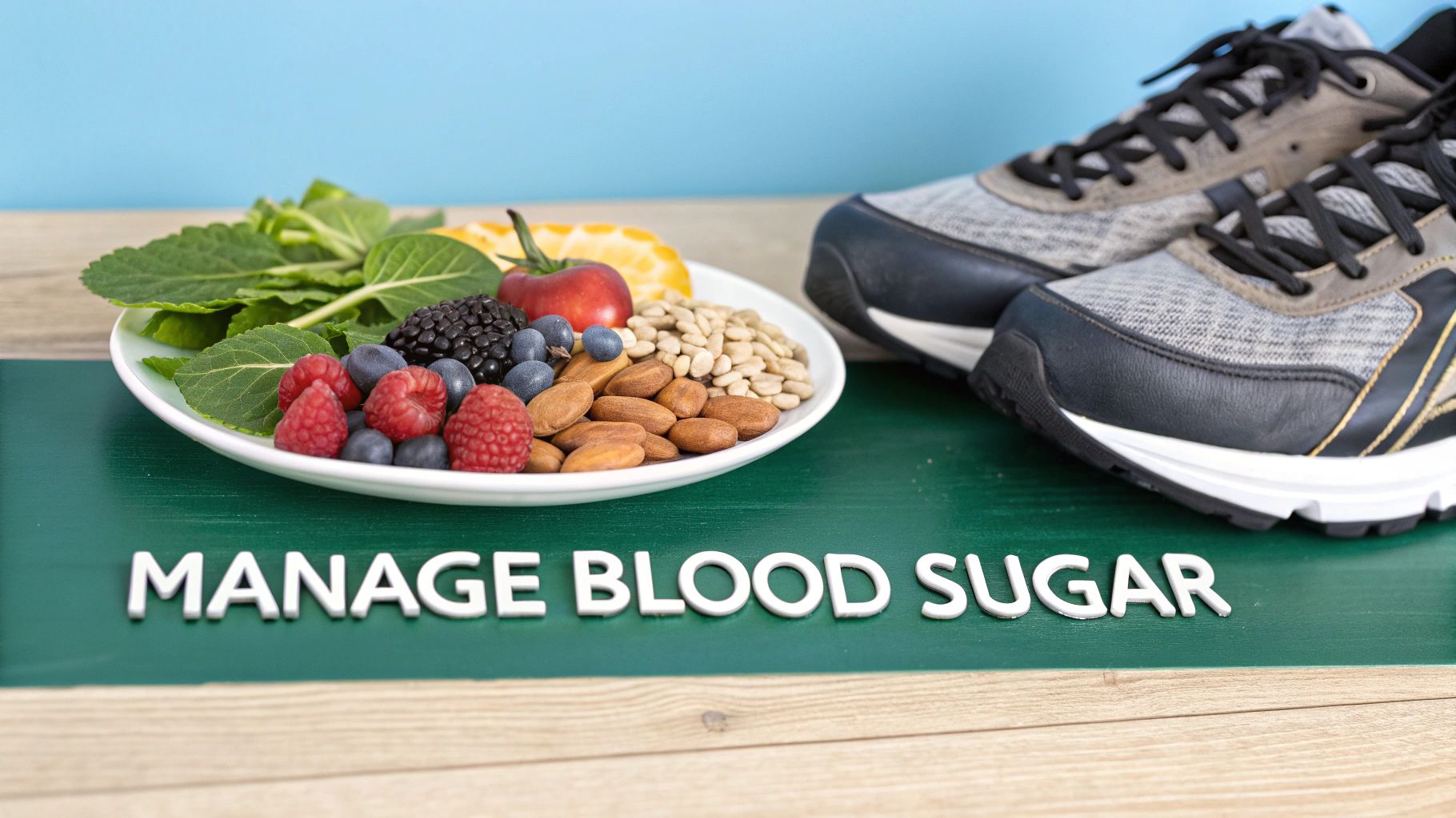 Plate of berries, nuts, and greens, with running shoes and text 'MANAGE BLOOD SUGAR'.