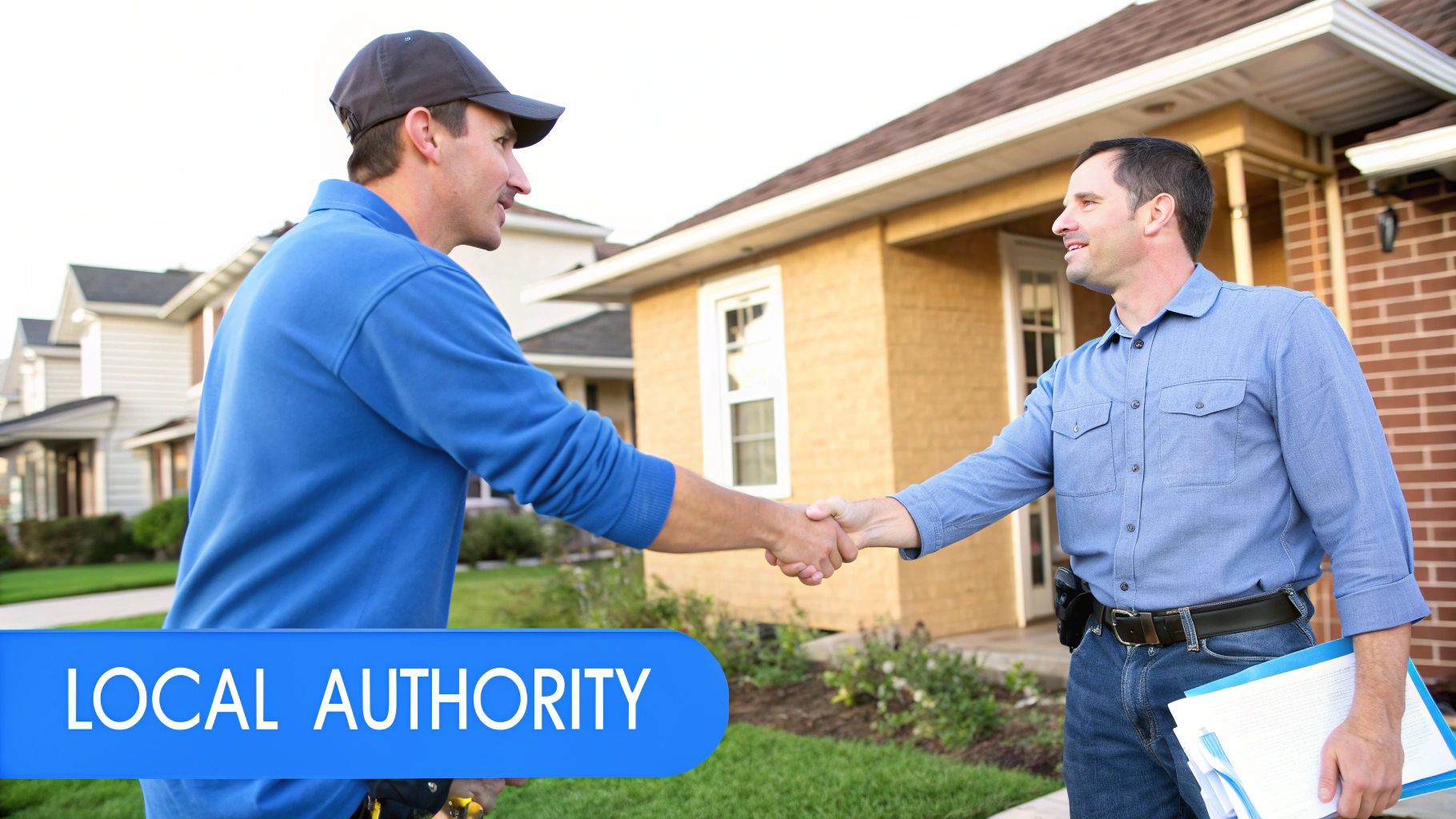 Two men, possibly a local authority figure and an HVAC contractor, shaking hands in a residential neighborhood.