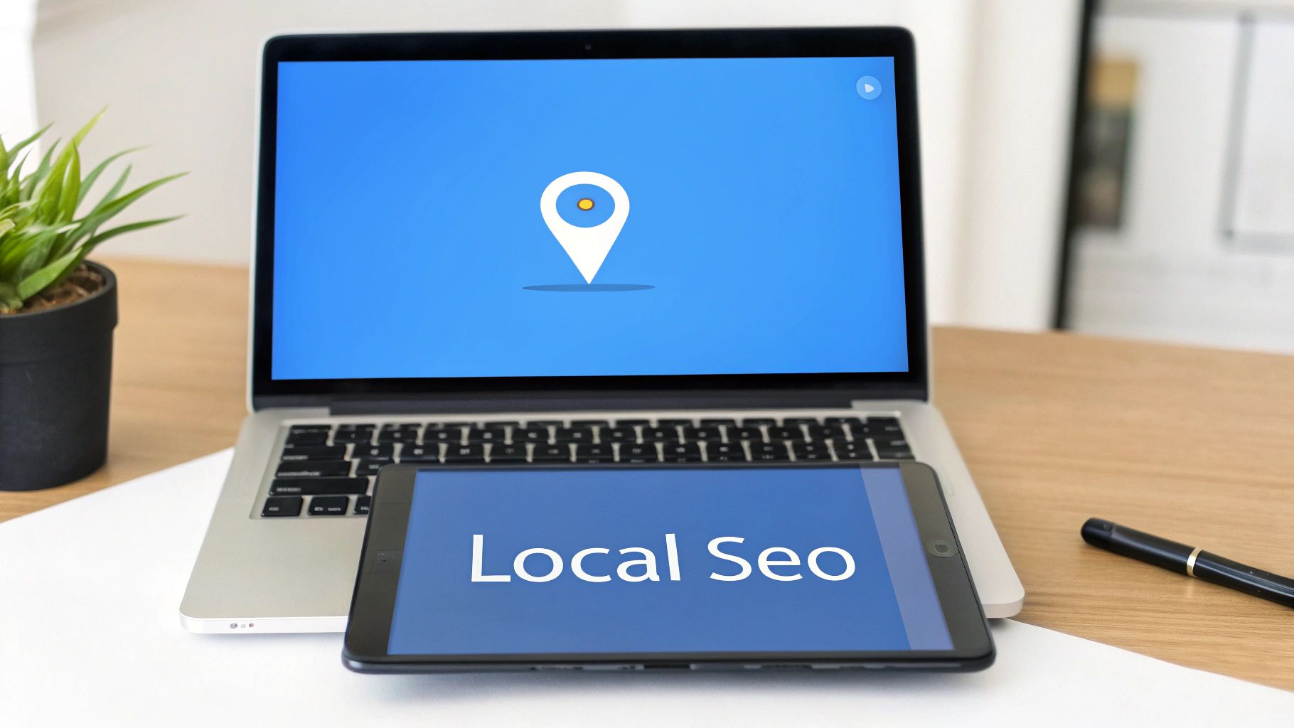 A laptop screen shows a location pin icon next to a tablet displaying 'Local Seo' text.