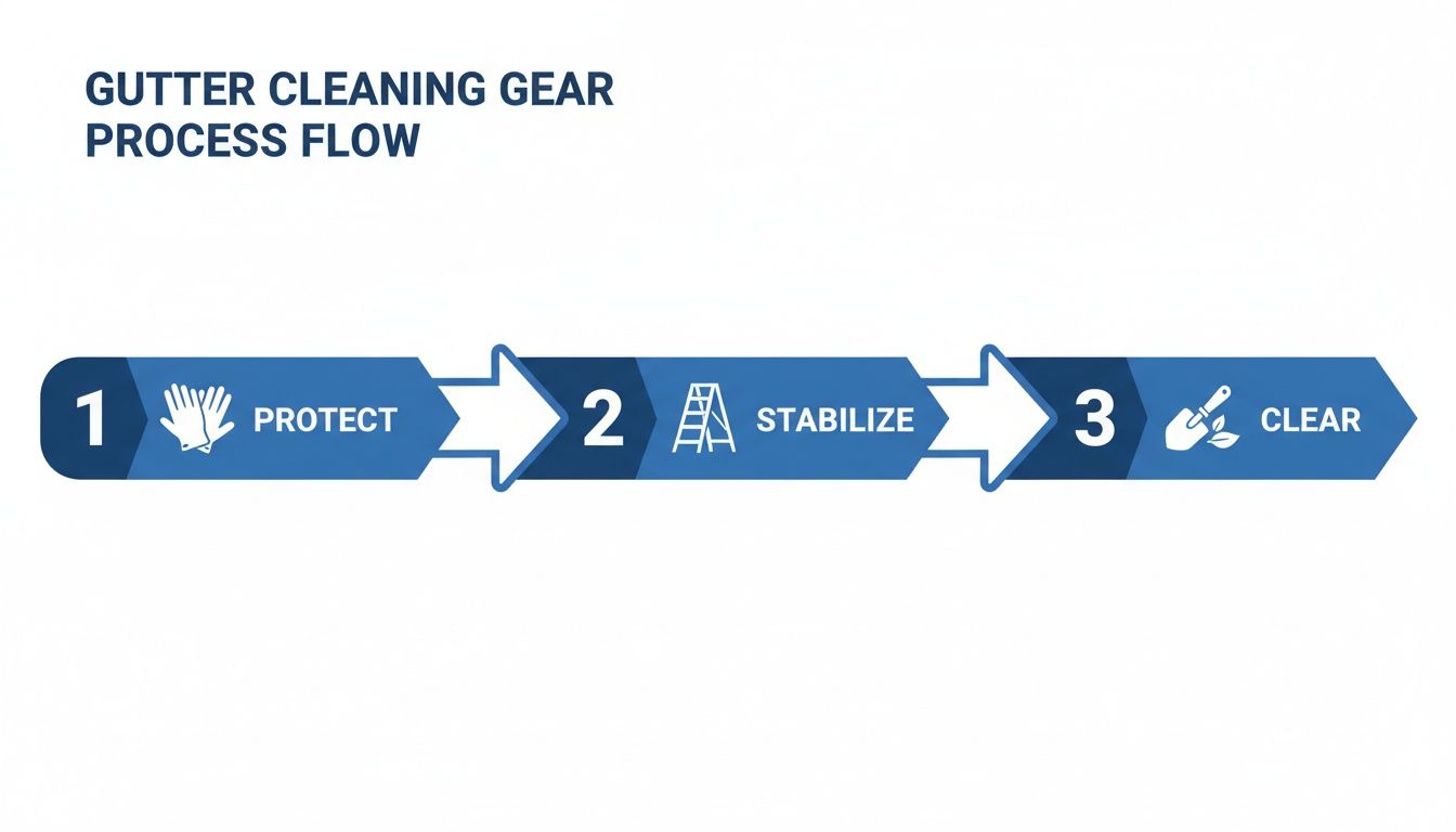 Infographic showing a three-step process for gutter cleaning: protect with gloves, stabilize with a ladder, and clear.