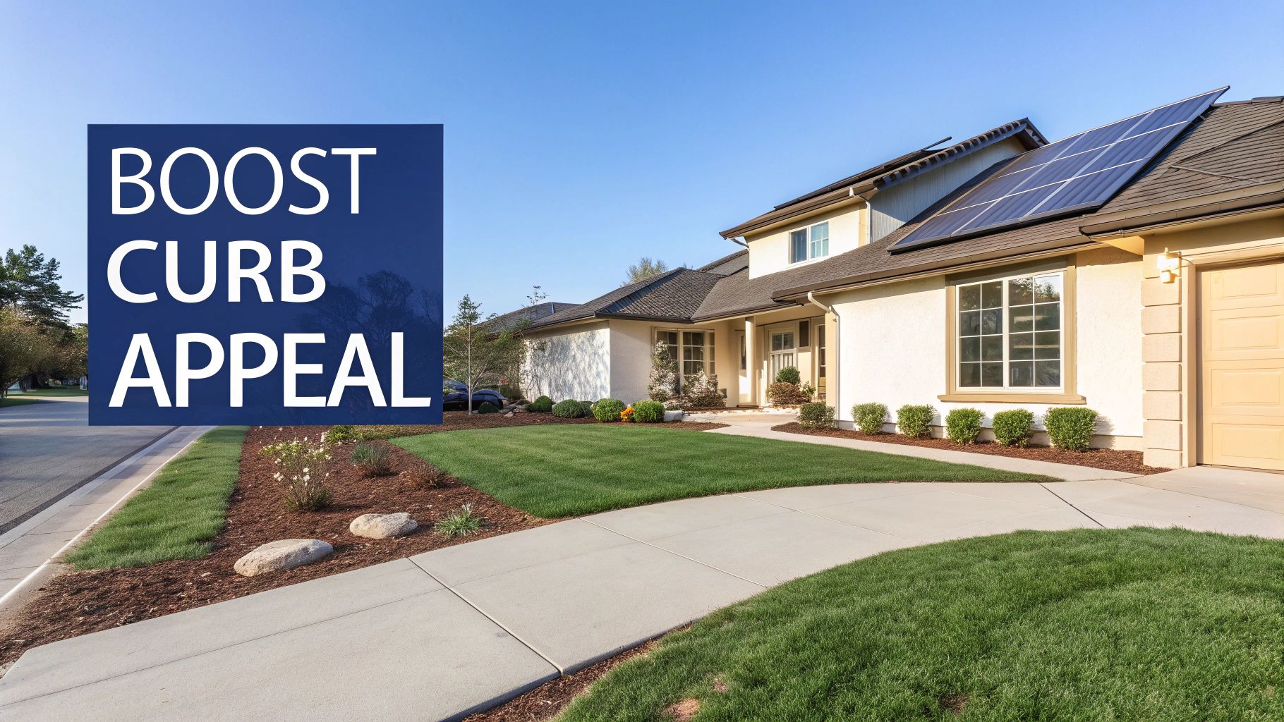 Modern house with solar panels, well-maintained lawn, driveway, and 'BOOST CURB APPEAL' text overlay.