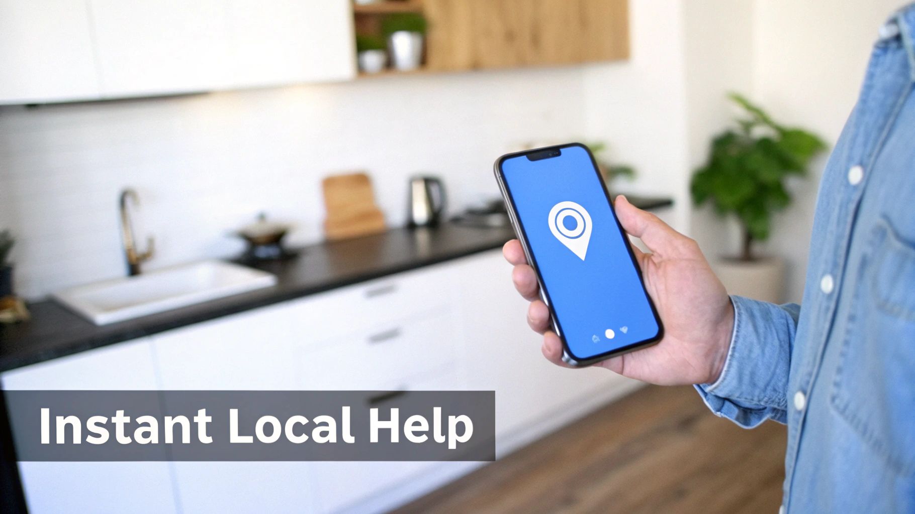 A person holds a smartphone displaying a location pin icon, with "Instant Local Help" text overlay.