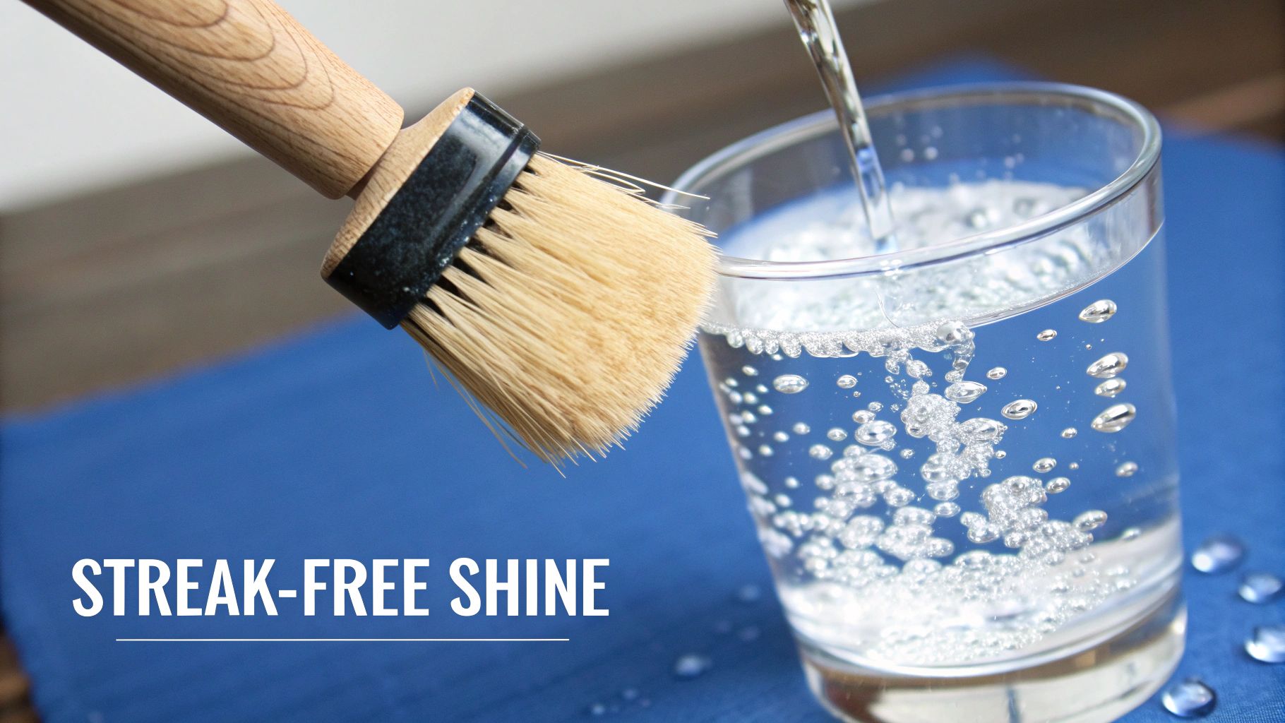 A natural bristle brush is positioned near a clear glass being filled with water, showing many bubbles.