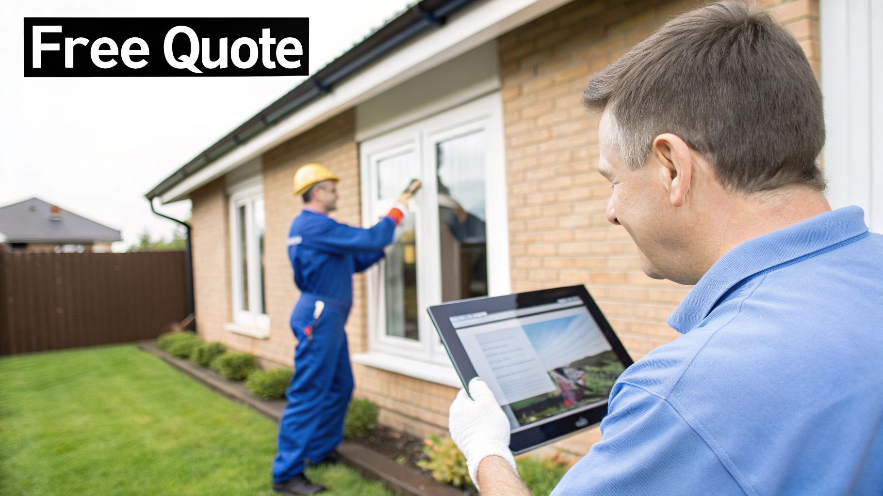A man in a blue shirt holds a tablet while another man in overalls cleans a window.