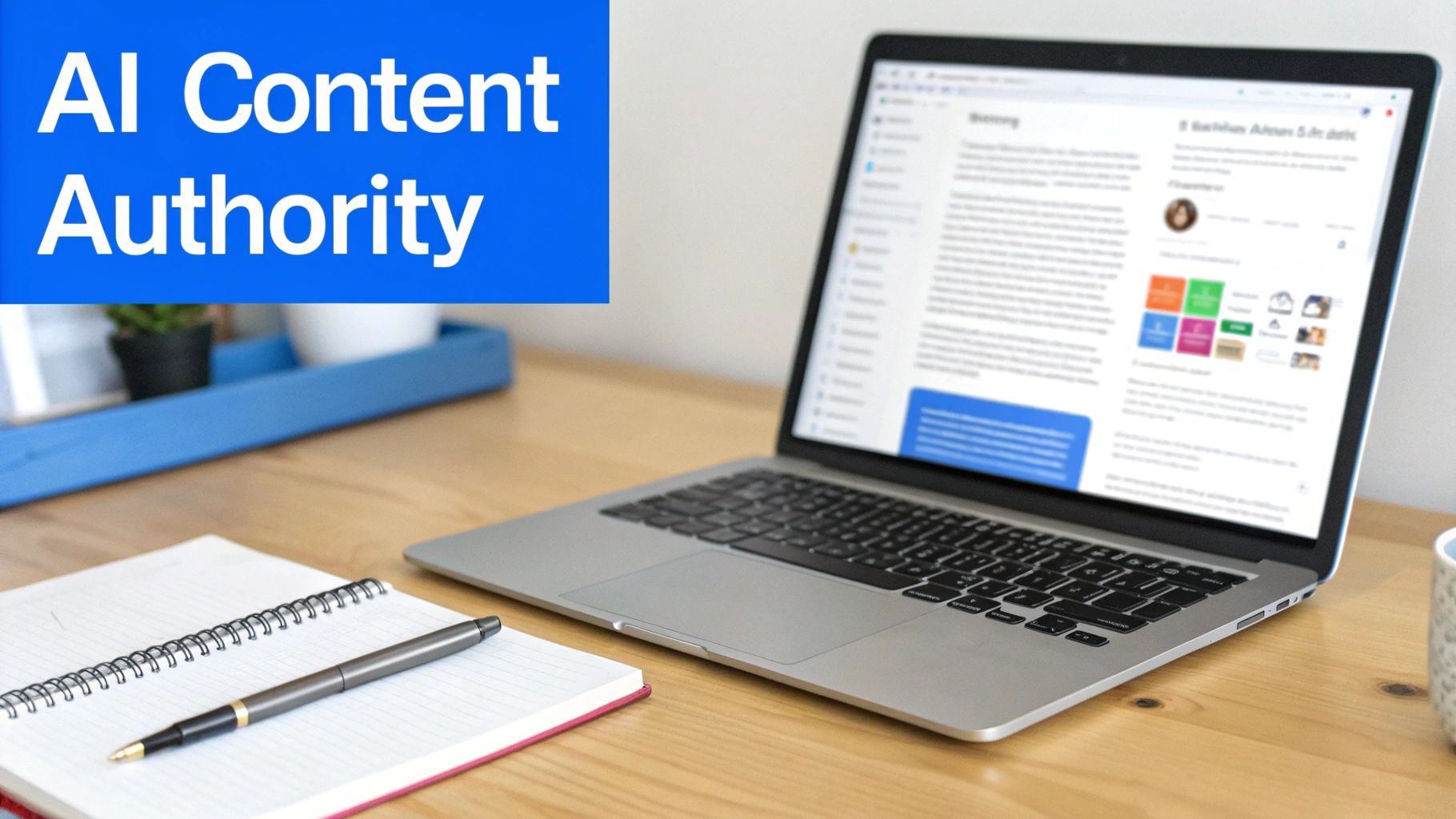 A laptop on a wooden desk displaying content, with a notebook, pen, and 'AI Content Authority' text.