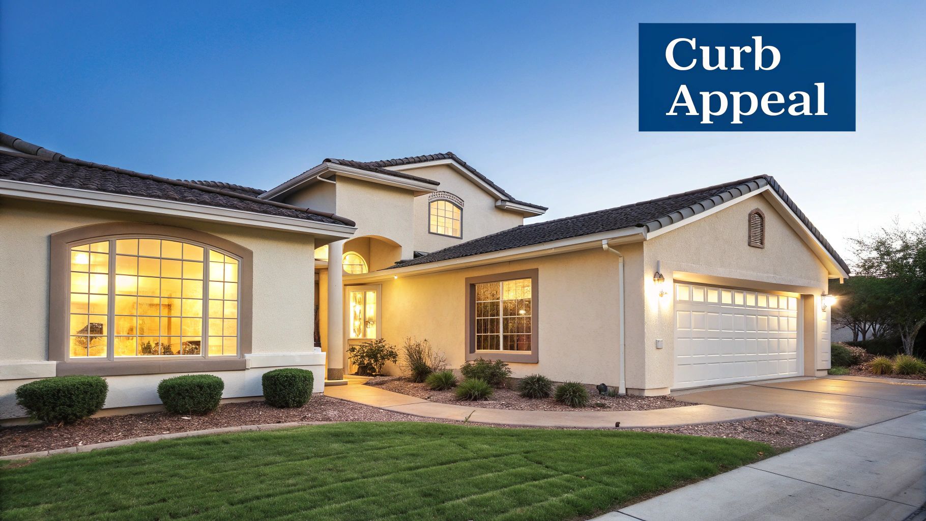 Exterior view of a well-maintained modern home with glowing windows and a manicured lawn.