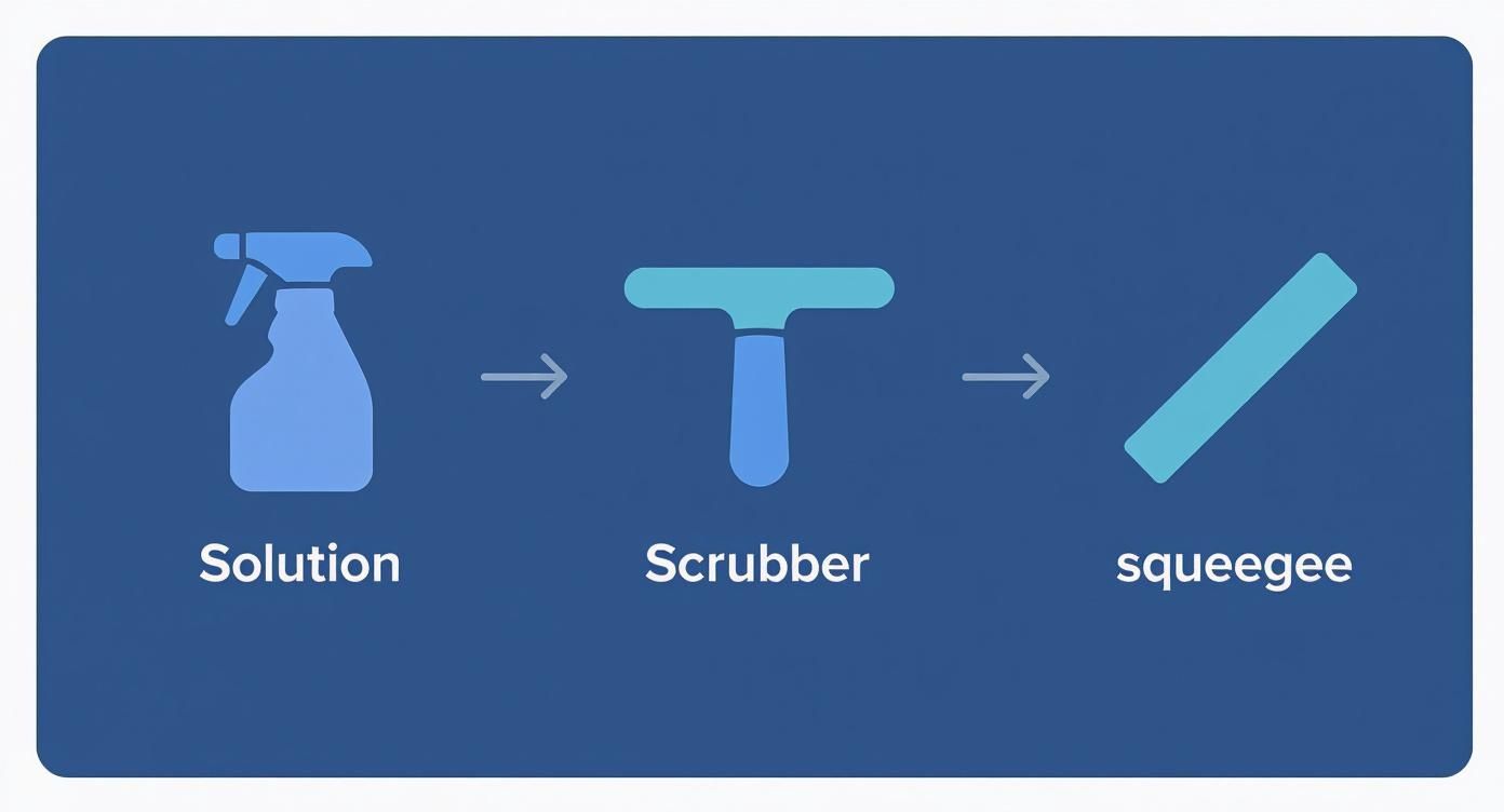 A visual representation of the three steps for cleaning: solution, scrubber, and squeegee.