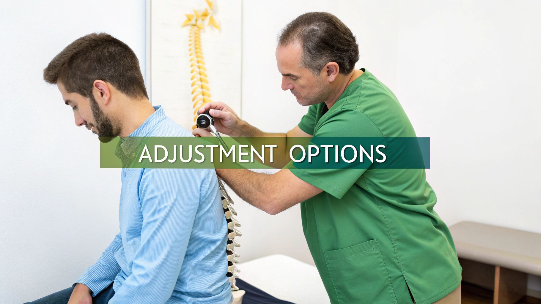 A chiropractor performs a back adjustment on a male patient during a session, with a spine model visible.