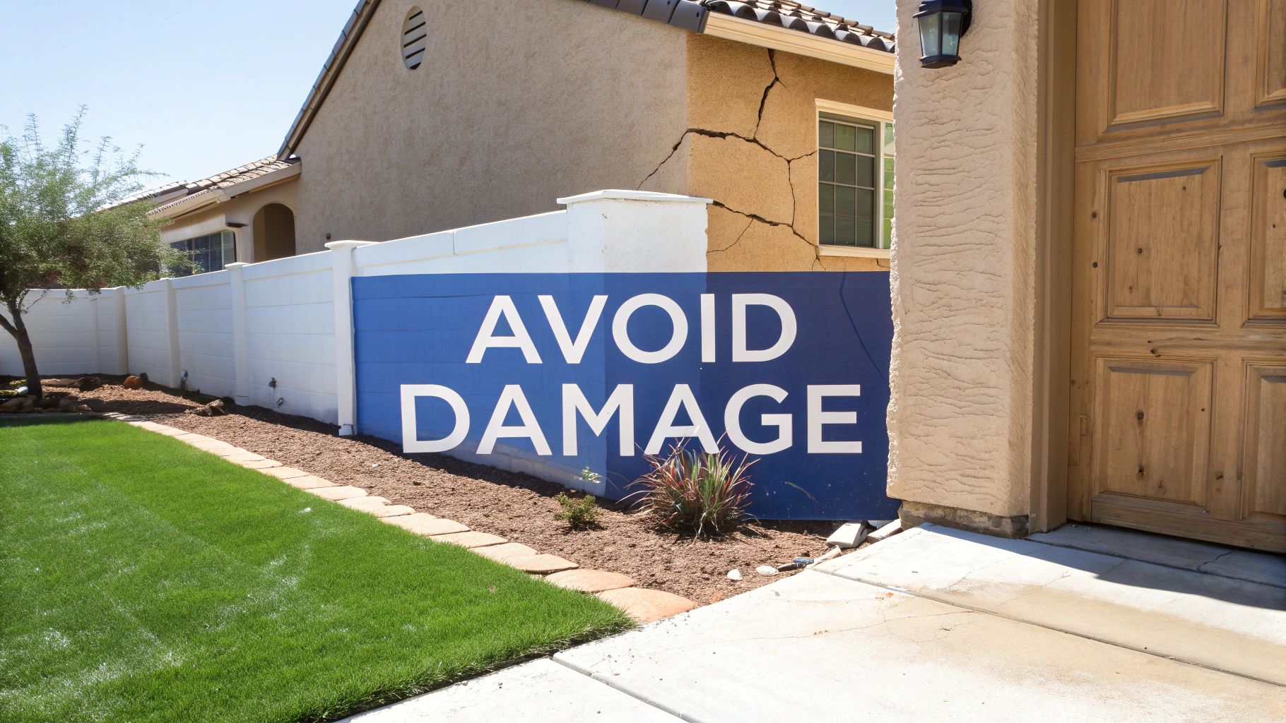 Ironic avoid damage sign next to severely cracked stucco wall from pressure washing