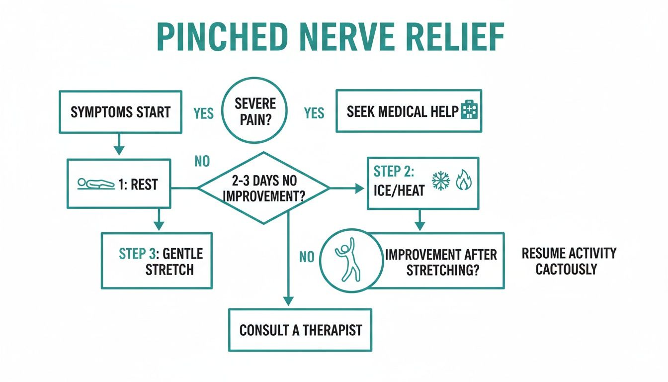 Flowchart detailing steps for pinched nerve relief, including rest, ice/heat, stretching, and when to seek medical help.