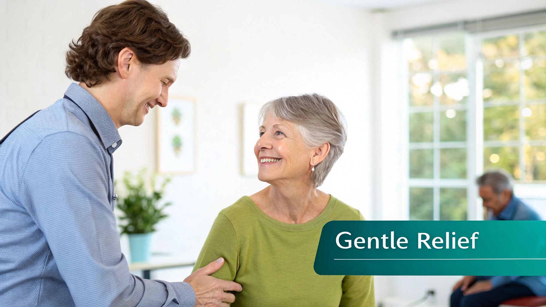 A smiling doctor gently touches the arm of an elderly female patient, who also smiles.