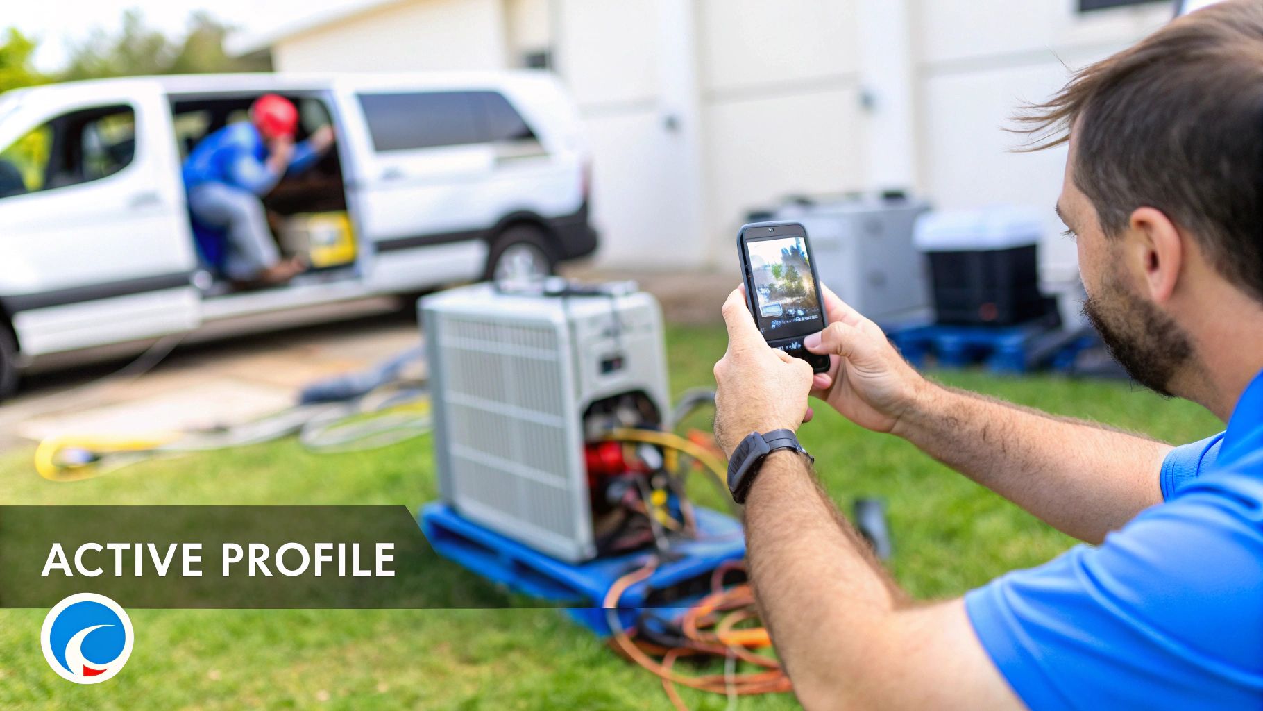 Technician taking photo of outdoor HVAC unit with a mobile phone, service van in background.