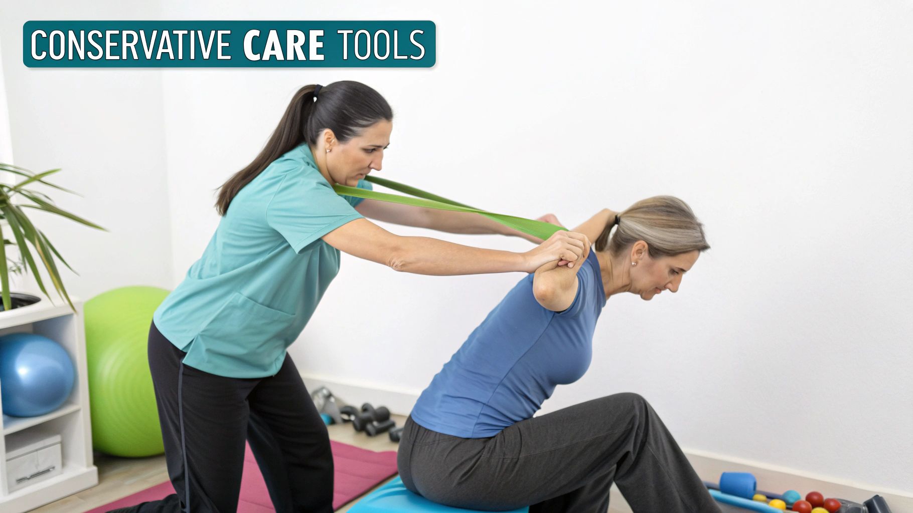 A physical therapist assists a woman doing back exercises with a resistance band, highlighting conservative care.