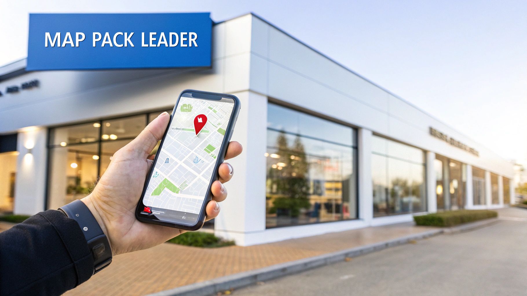 Hand holds a smartphone showing a map and location pin, in front of a building with a 'MAP PACK LEADER' sign.