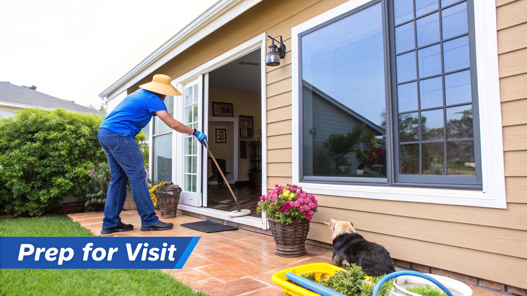 A person in a straw hat and blue shirt cleans a glass patio door, preparing their home exterior.