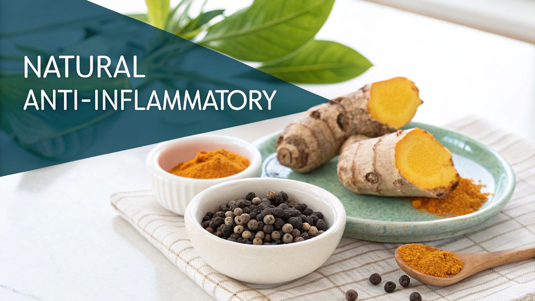 Fresh turmeric roots, turmeric powder, and black peppercorns, promoting natural anti-inflammatory benefits.