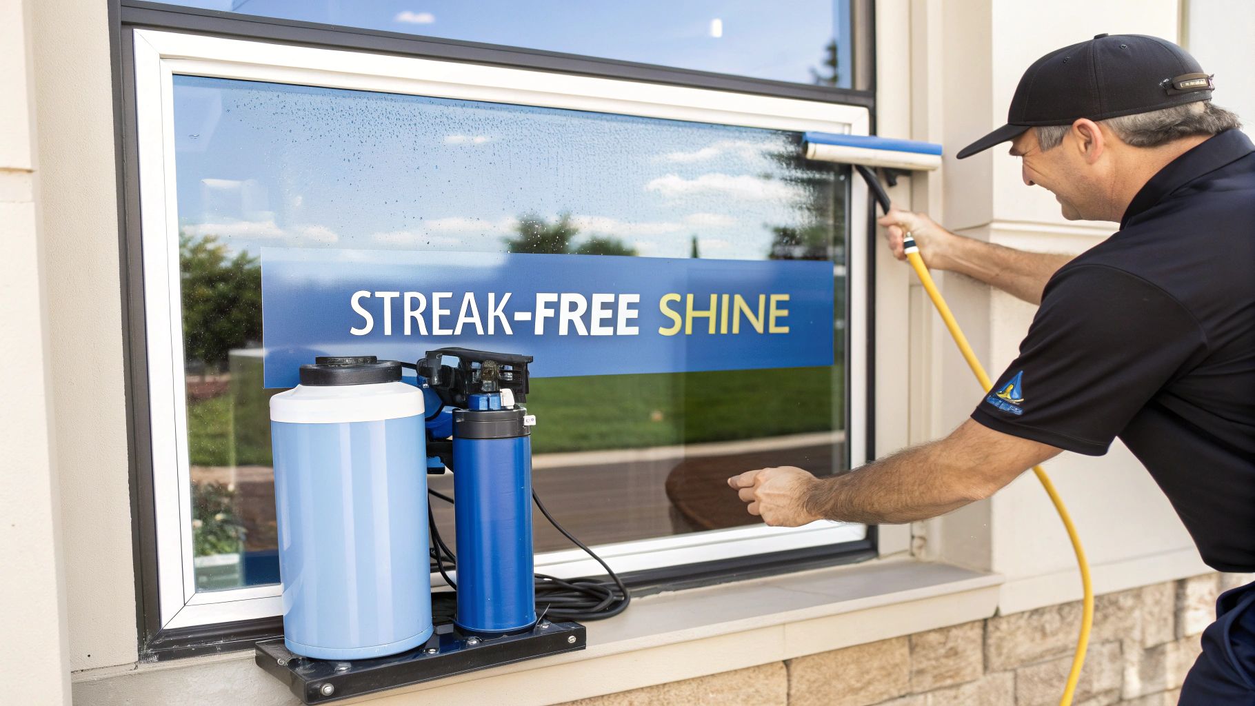 A man in a black cap cleaning a window with a long pole, using a water purification system for a streak-free shine.