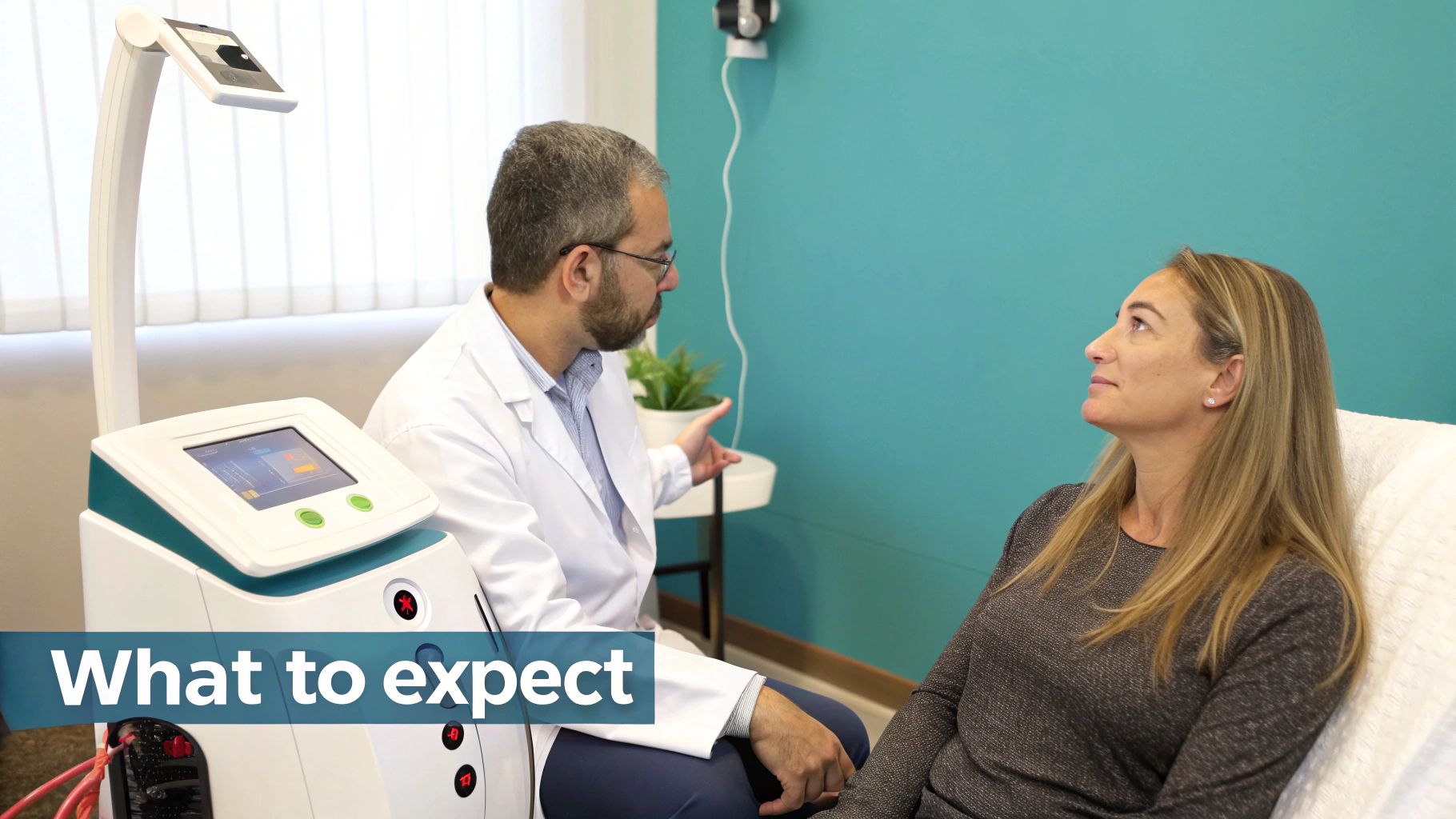 Doctor explains treatment to a female patient in a medical clinic next to advanced therapy equipment.