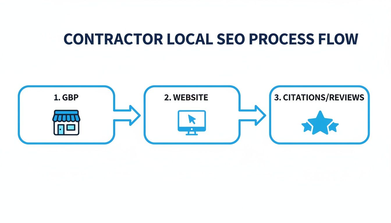 Contractor local SEO process flow: Google Business Profile, website, and citations/reviews for online visibility.