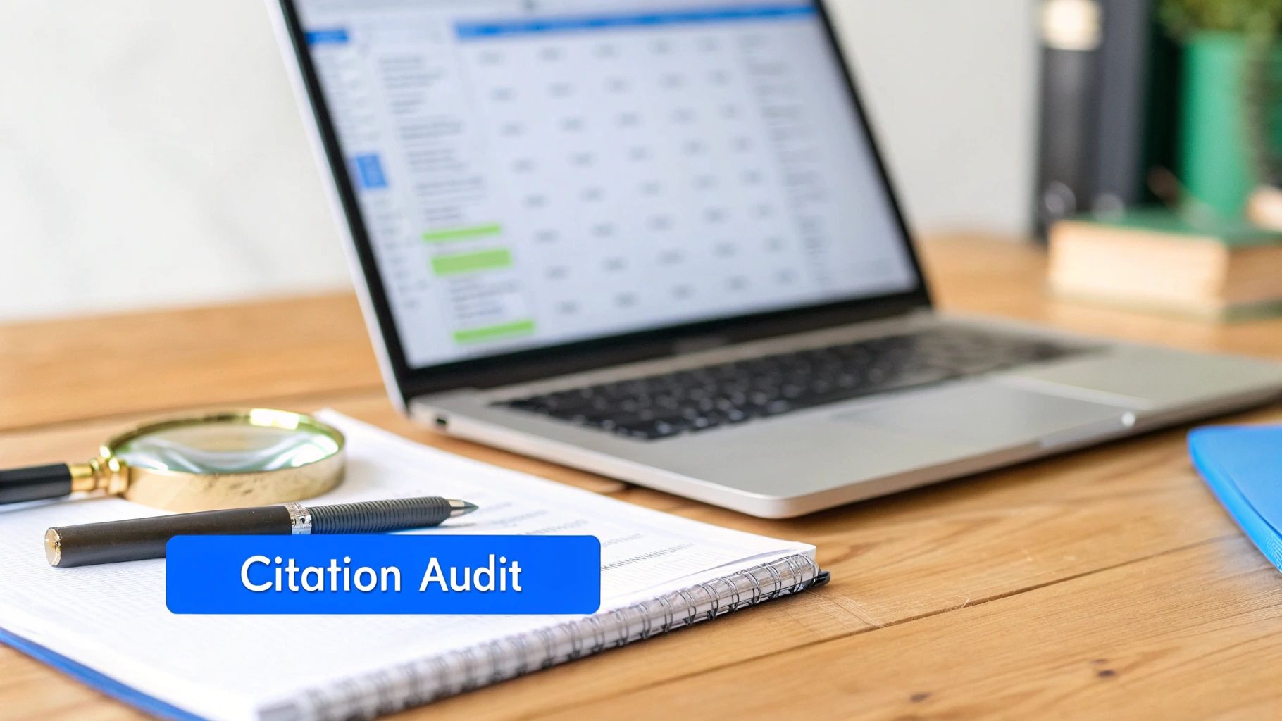 Desk with laptop showing spreadsheet, magnifying glass, pen, and notebook, labeled 'Citation Audit'.