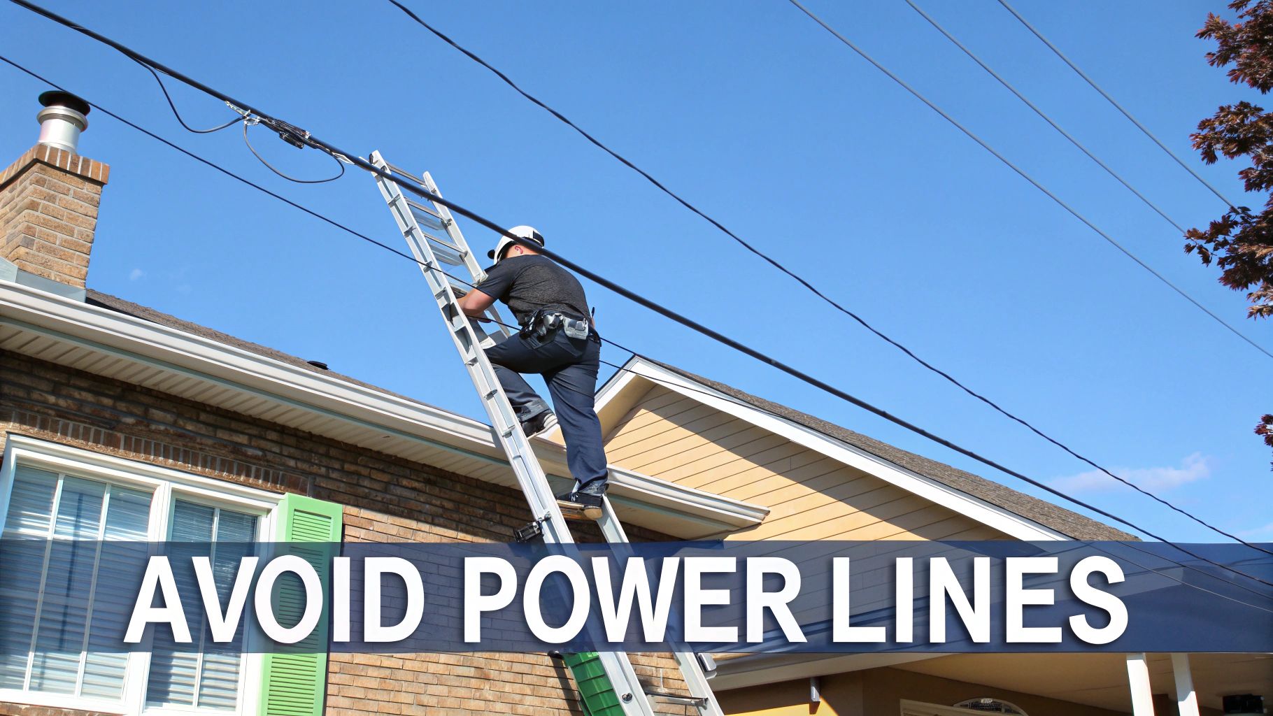 A person climbs a ladder near power lines on a house, with a warning to avoid them.