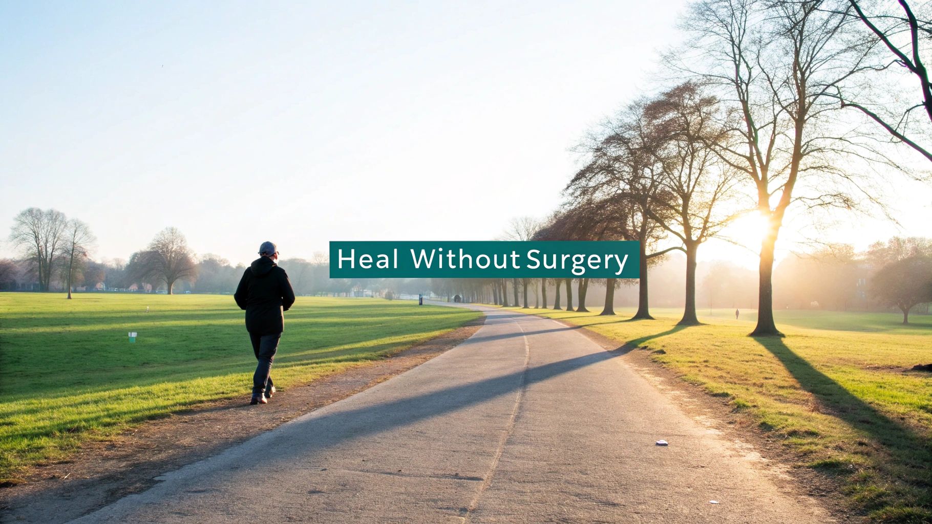 A person walking on a scenic path in a sunny park with trees and bright light.