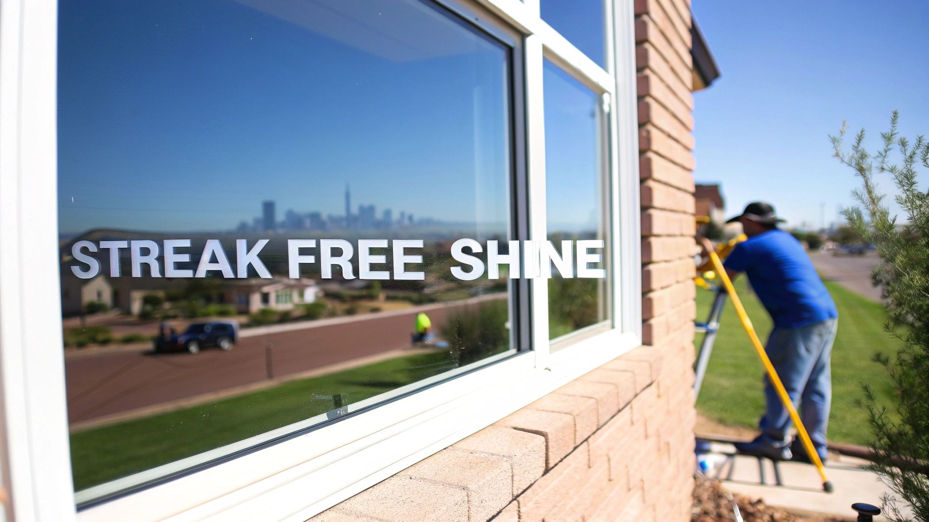 A professional window cleaner using a water-fed pole system to clean the exterior of a modern building.