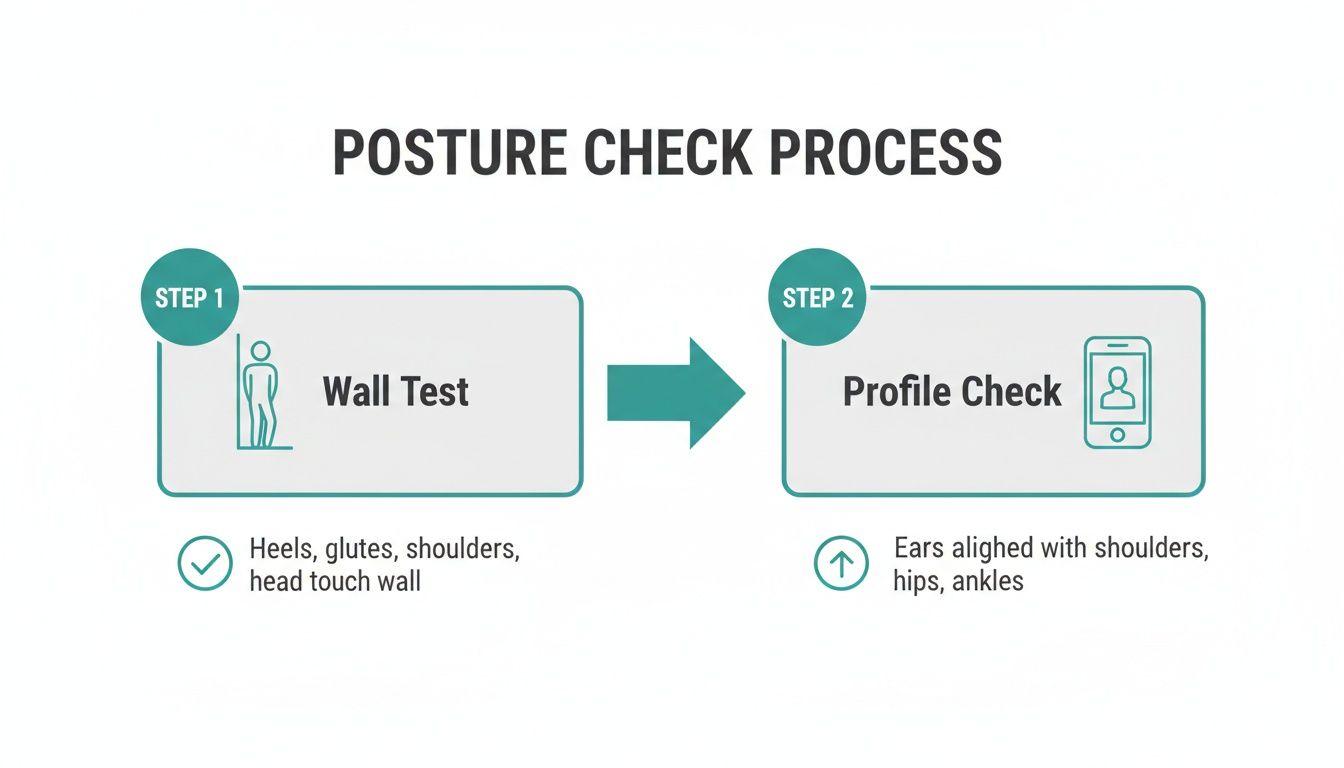 A posture check process diagram illustrating two steps: a wall test and a profile check using a smartphone.