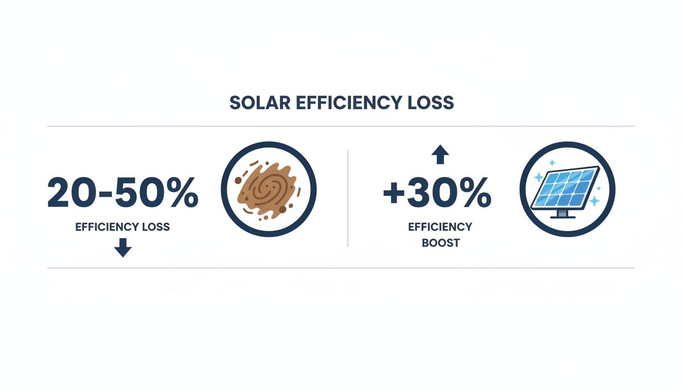 Infographic comparing solar panel efficiency loss (20-50%) from dirt versus a 30% boost from clean panels.