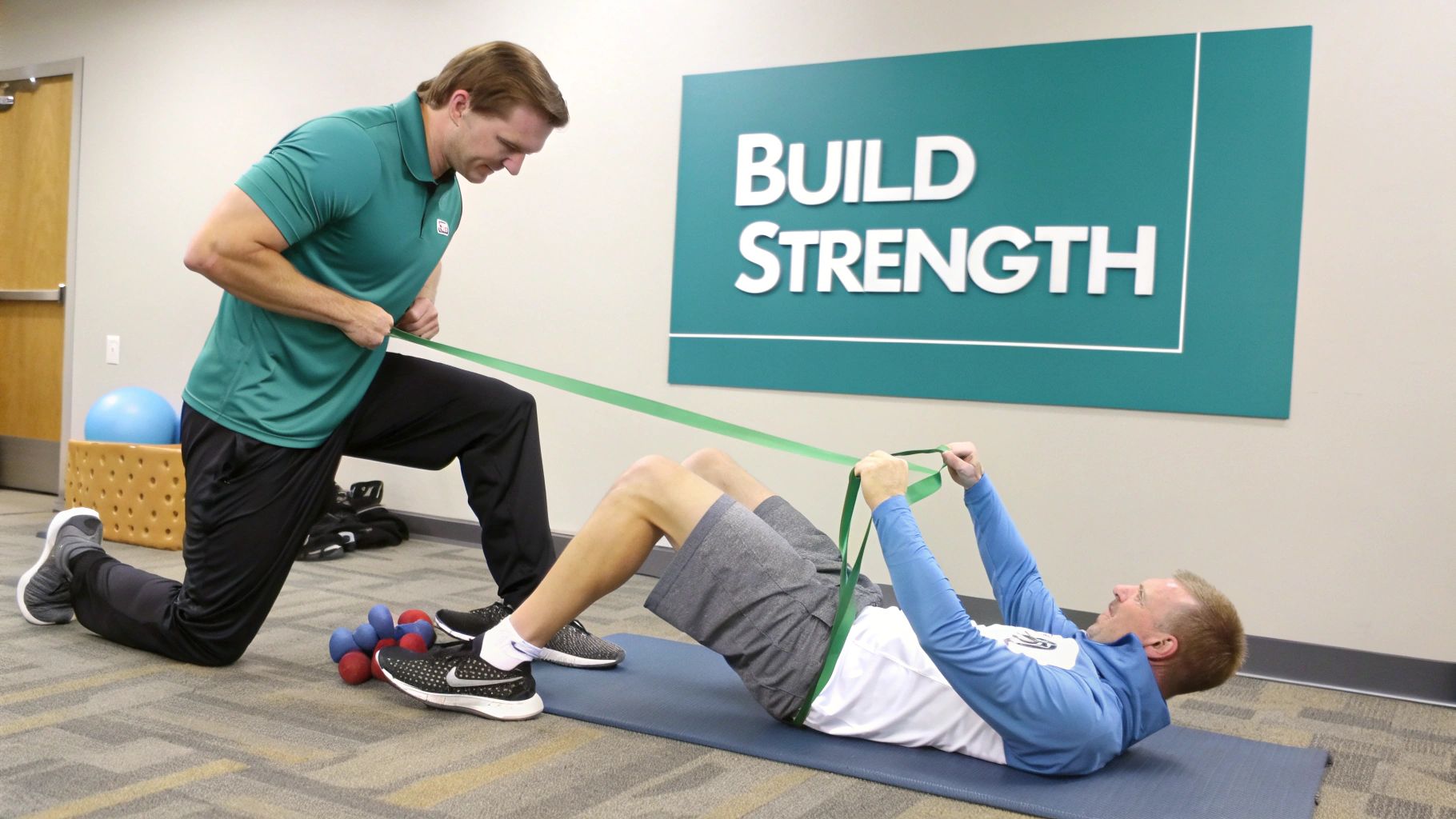 Two men using a resistance band for strength training, one kneeling, one lying on a mat.