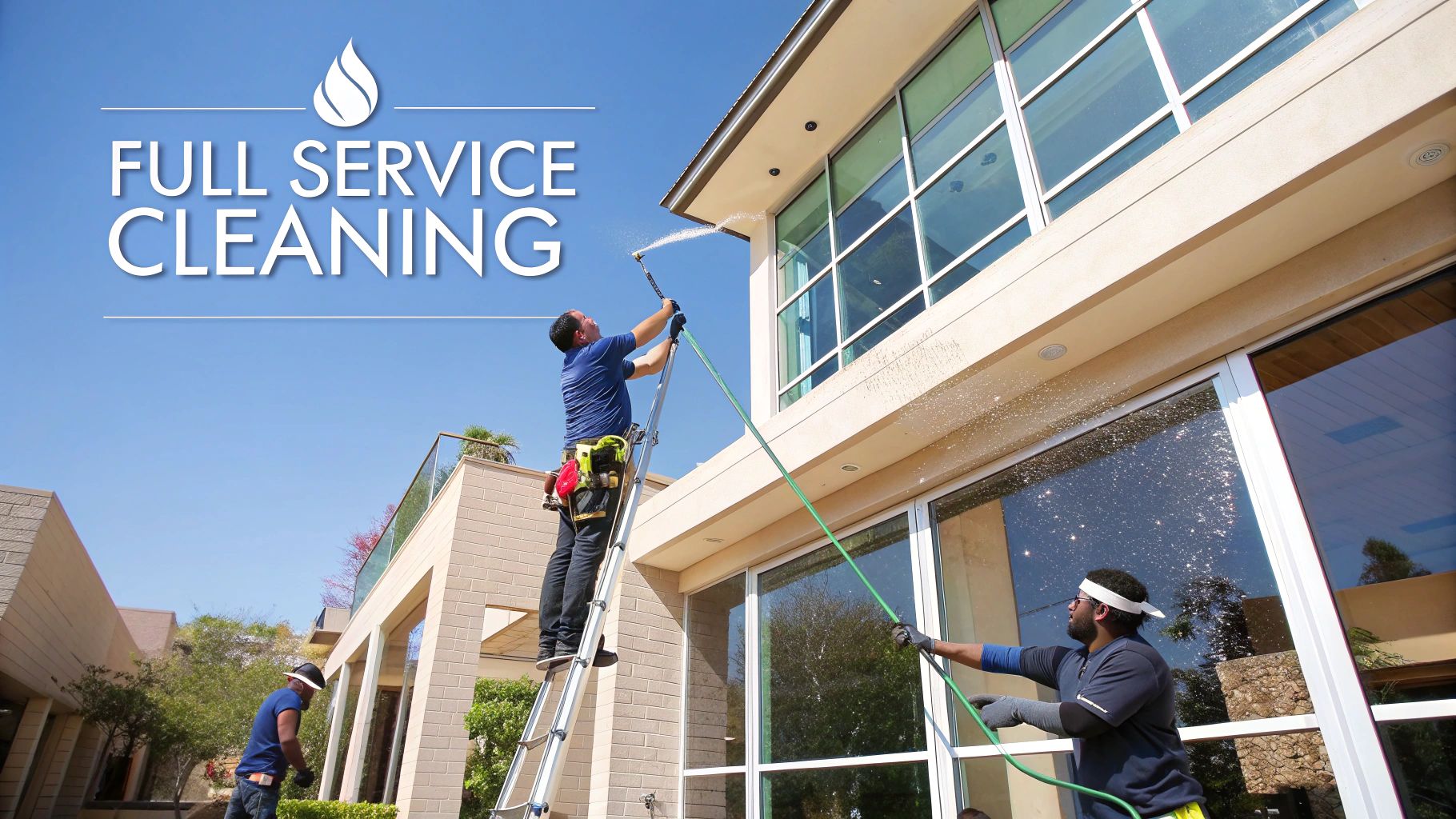 Men performing full service window cleaning on a multi-story building under a clear blue sky.