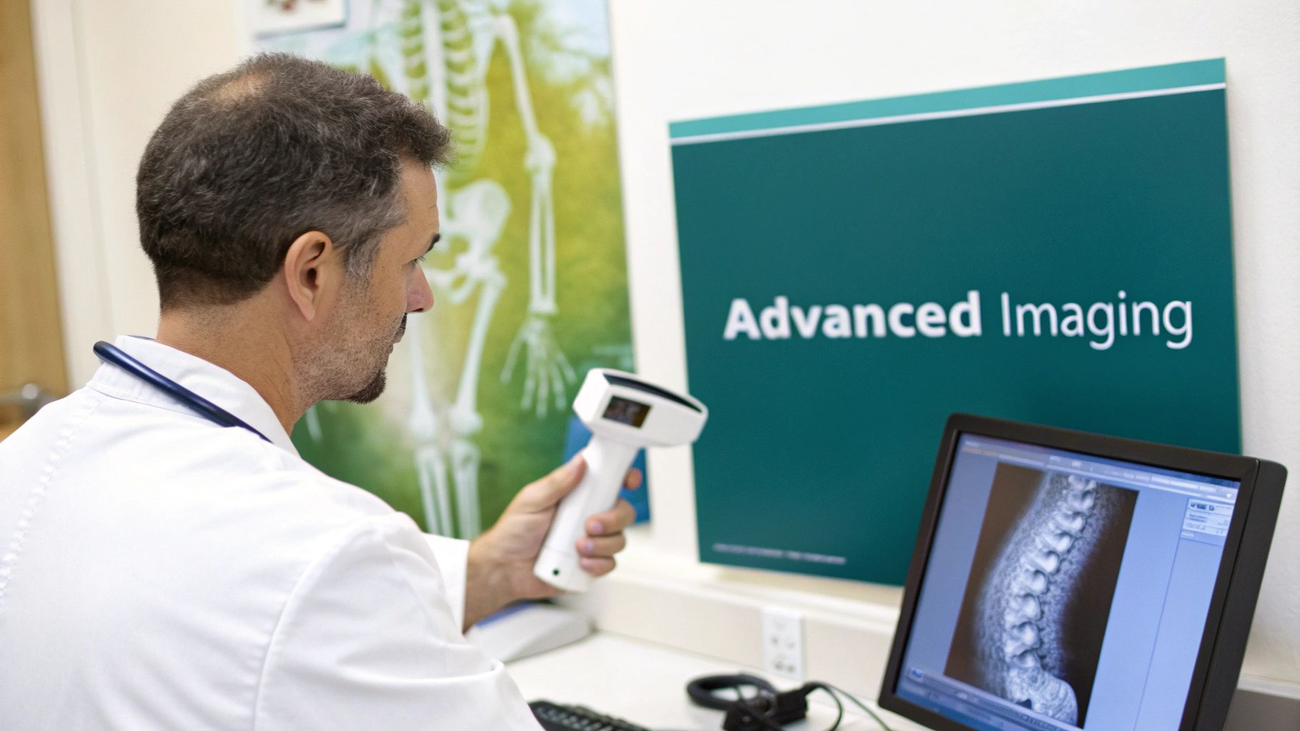 Doctor in a white coat examines a spinal X-ray on a screen in an advanced imaging center.