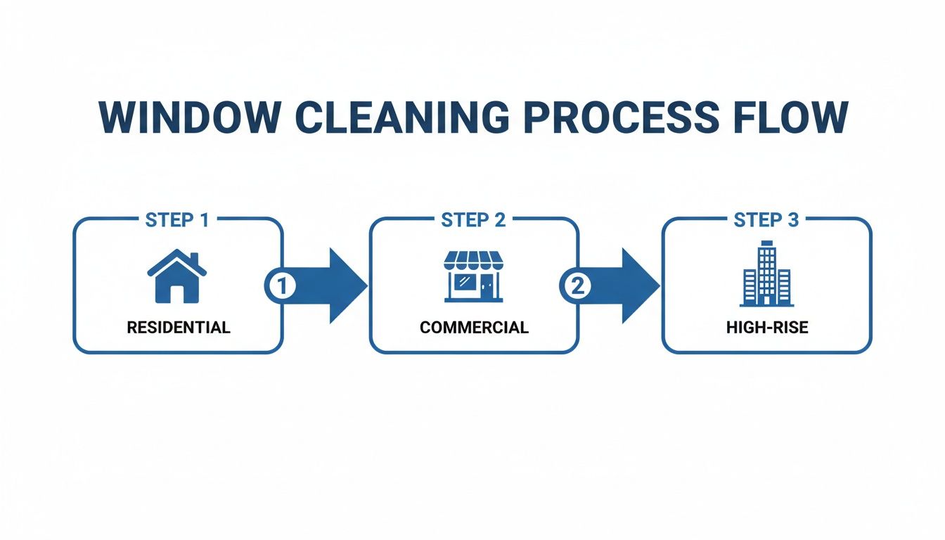 Flowchart illustrating the window cleaning process: Step 1 Residential, Step 2 Commercial, Step 3 High-Rise.