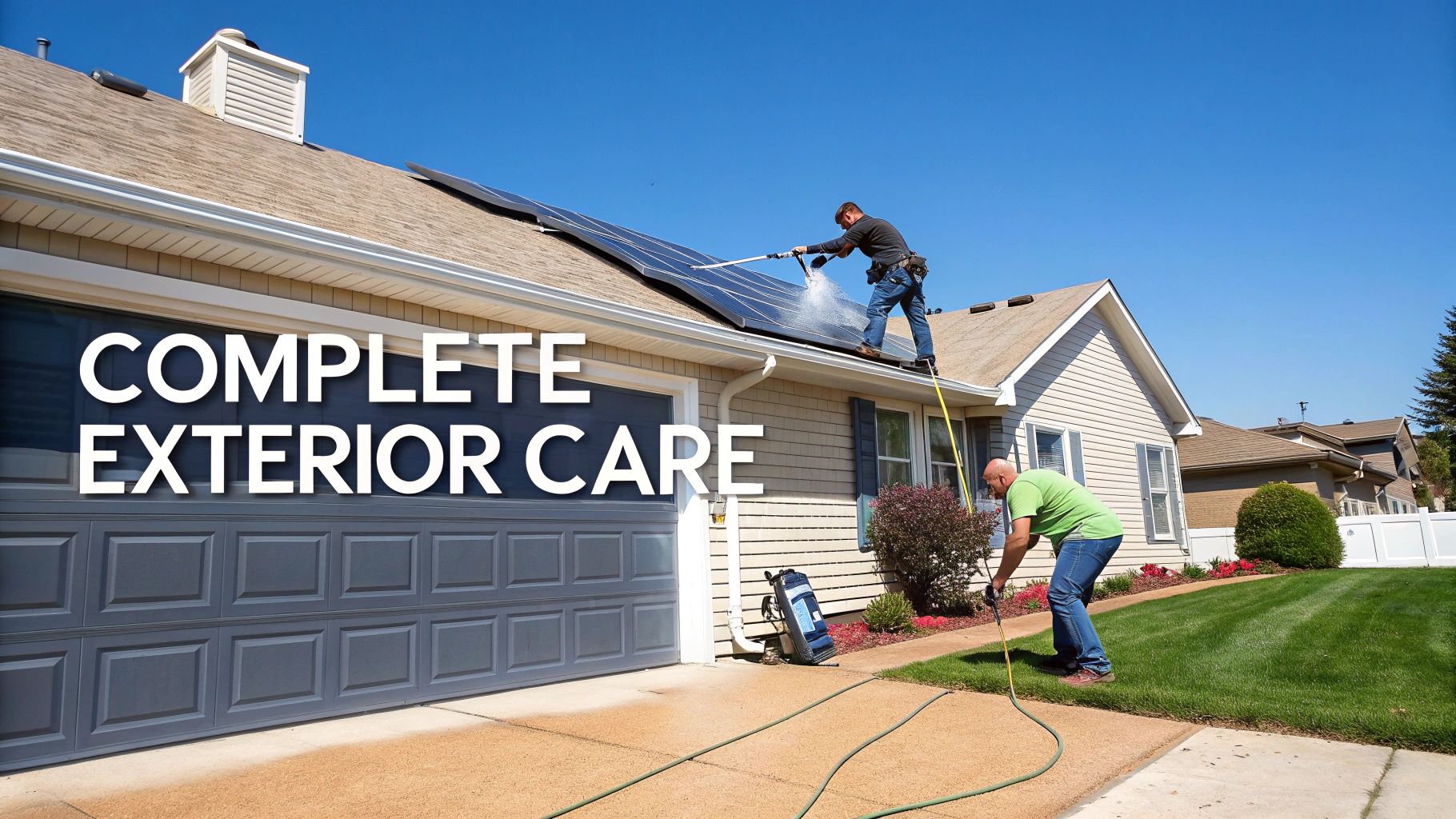 Two professionals providing complete exterior care, cleaning solar panels and house siding.