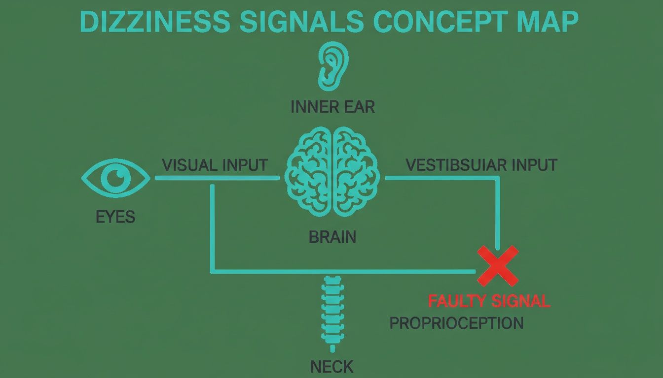 Concept map illustrating dizziness signals from visual input, inner ear, and neck proprioception, processed by the brain.