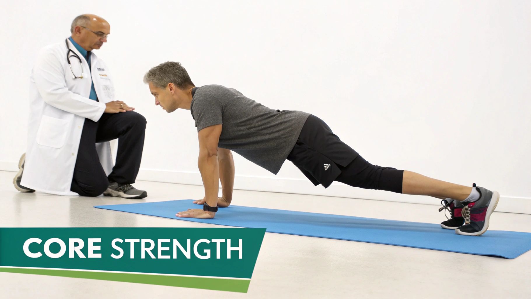 A patient performs a plank exercise on a mat, supervised by a doctor in a white coat.