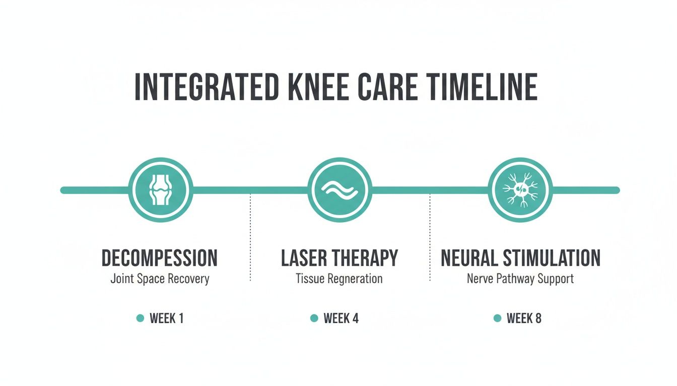 Integrated knee care timeline outlining decompression, laser therapy, and neural stimulation treatments over 8 weeks.