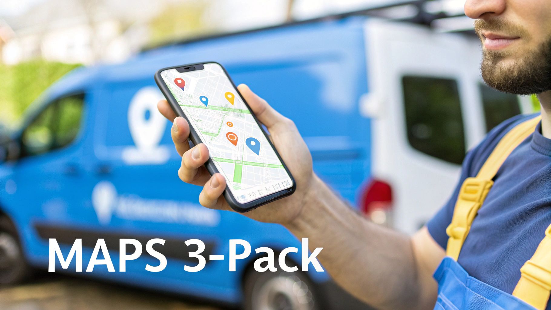 A person holds a smartphone displaying a map with multiple location pins, with a blue service van behind them.