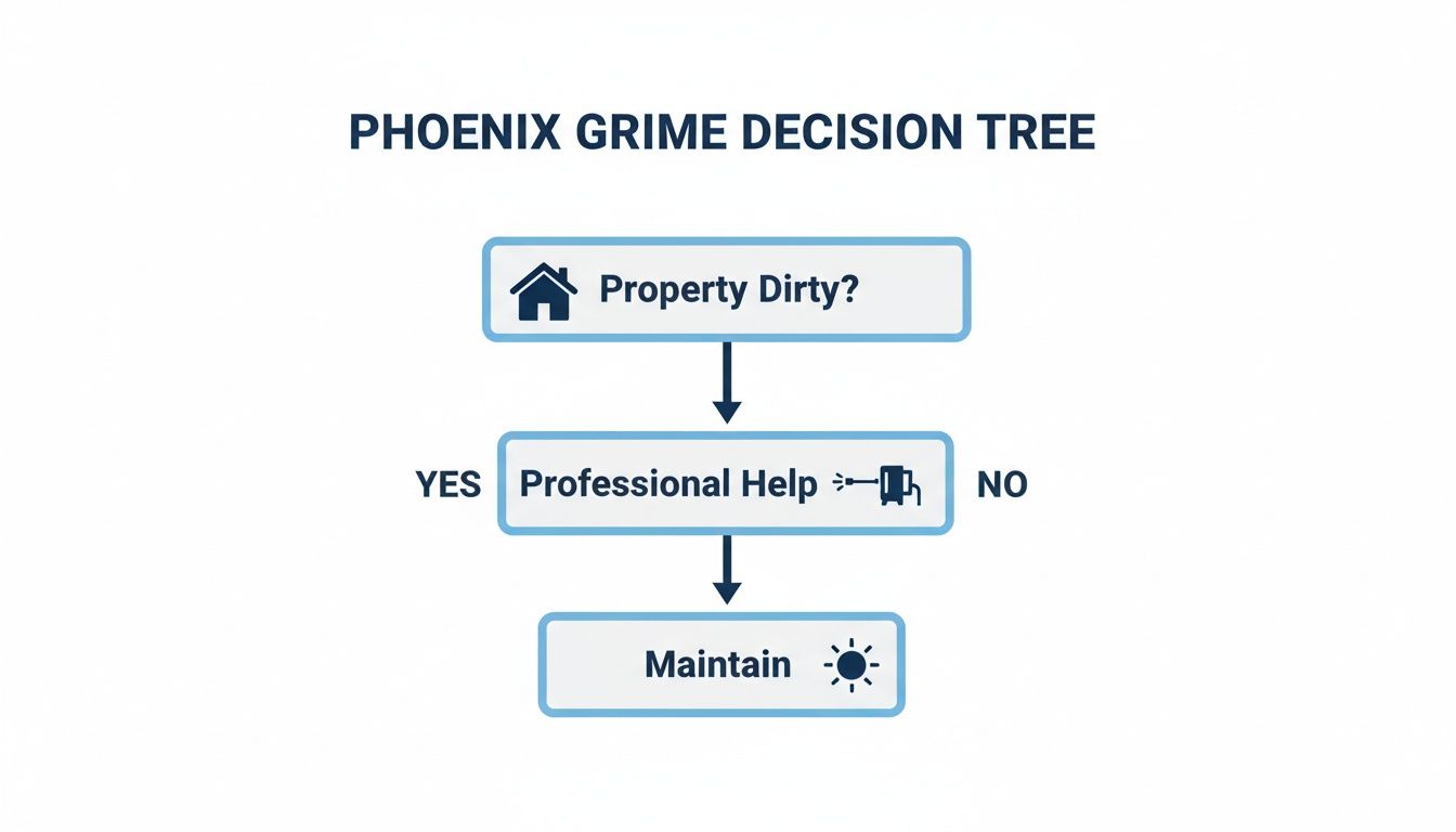 A decision tree flowchart for Phoenix Grime detailing steps for dirty property, professional help, and maintenance.