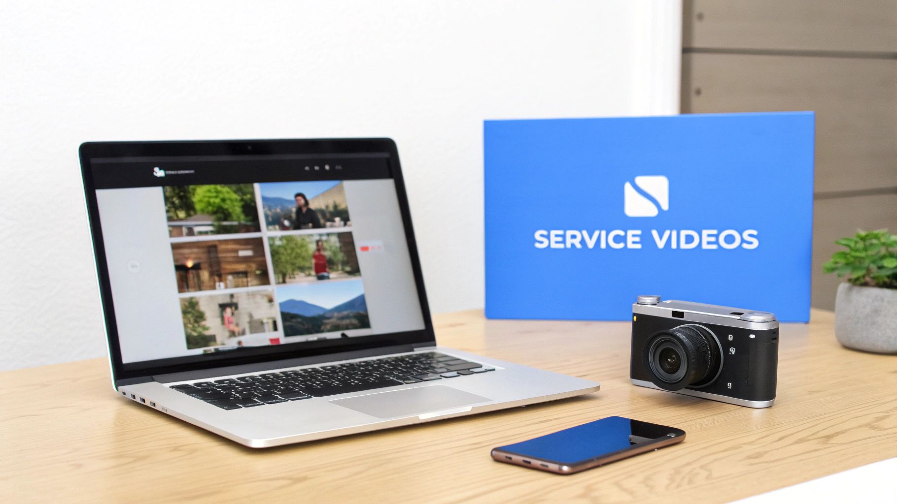 A desk with a laptop displaying video thumbnails, a camera, smartphone, and 'SERVICE VIDEOS' box.
