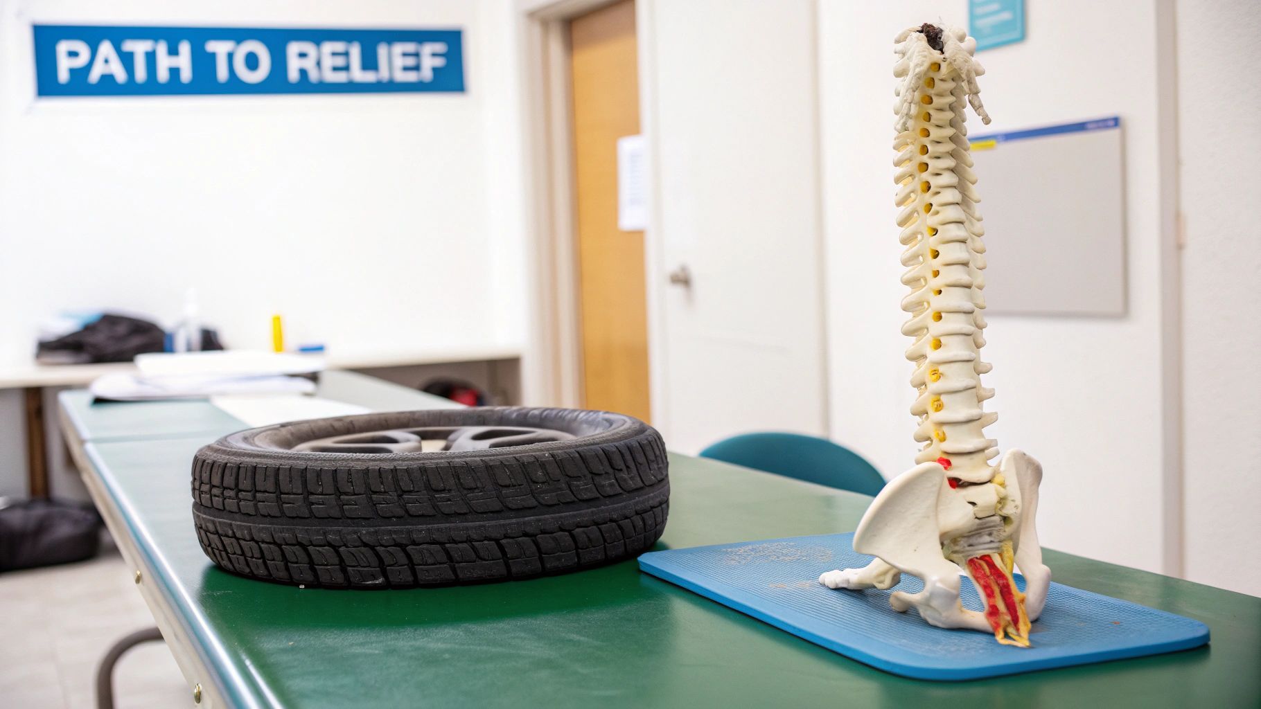 A human spine model with discs and pelvis sits on a blue mat next to a car tire.