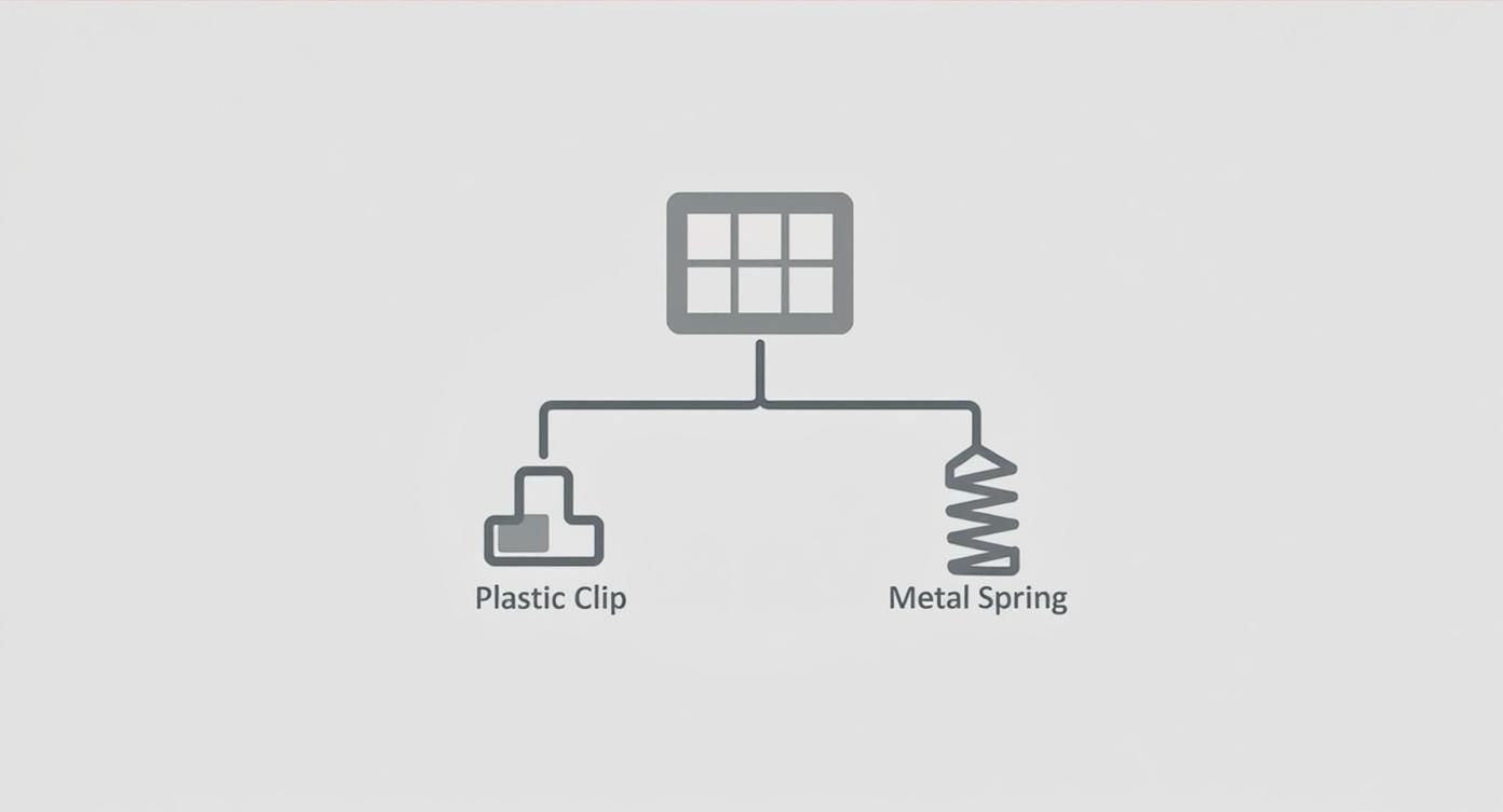 Infographic decision tree showing how to determine screen removal method based on clips versus springs.
