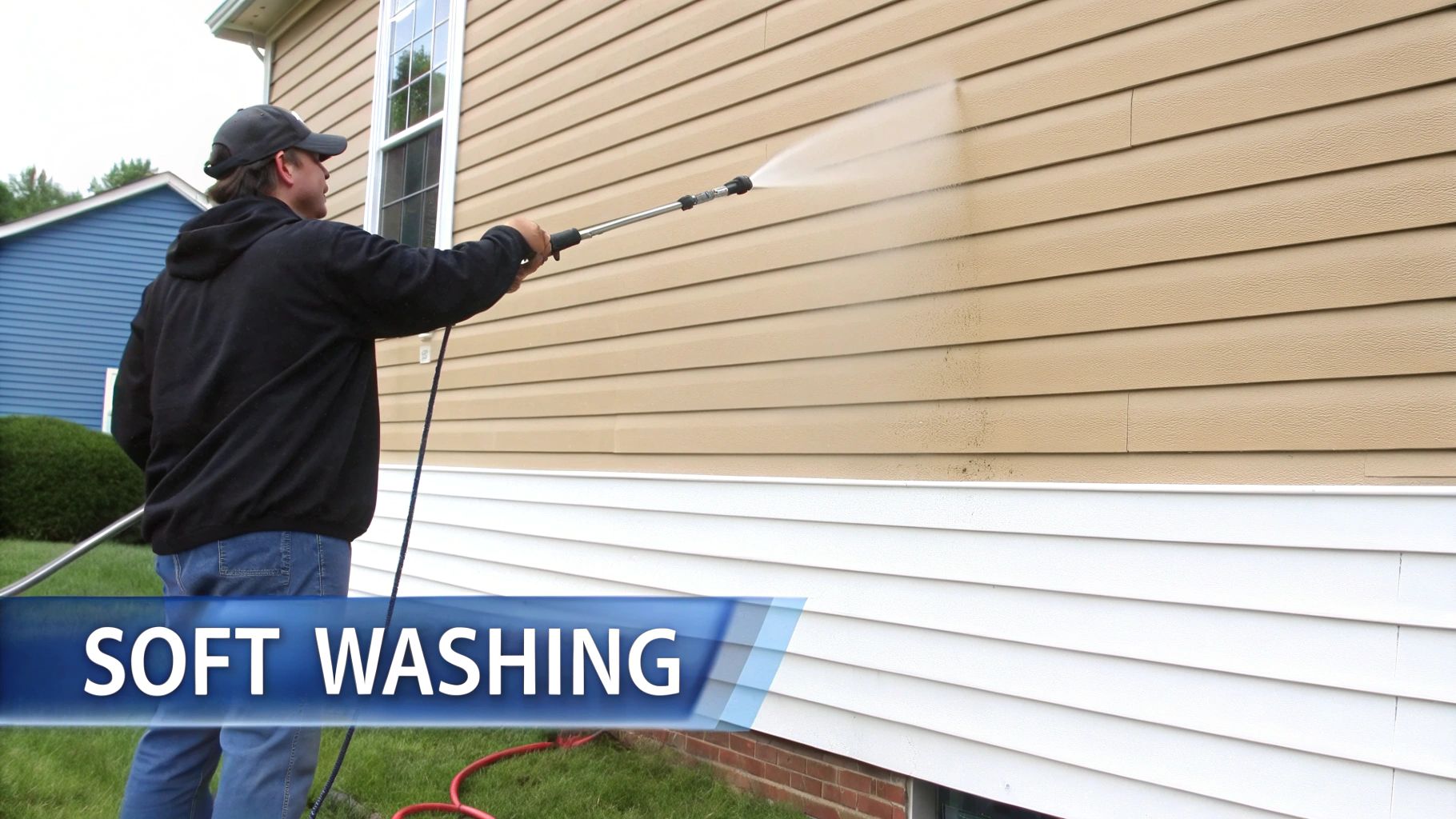 A person uses a pressure washer to soft wash the tan vinyl siding of a house.