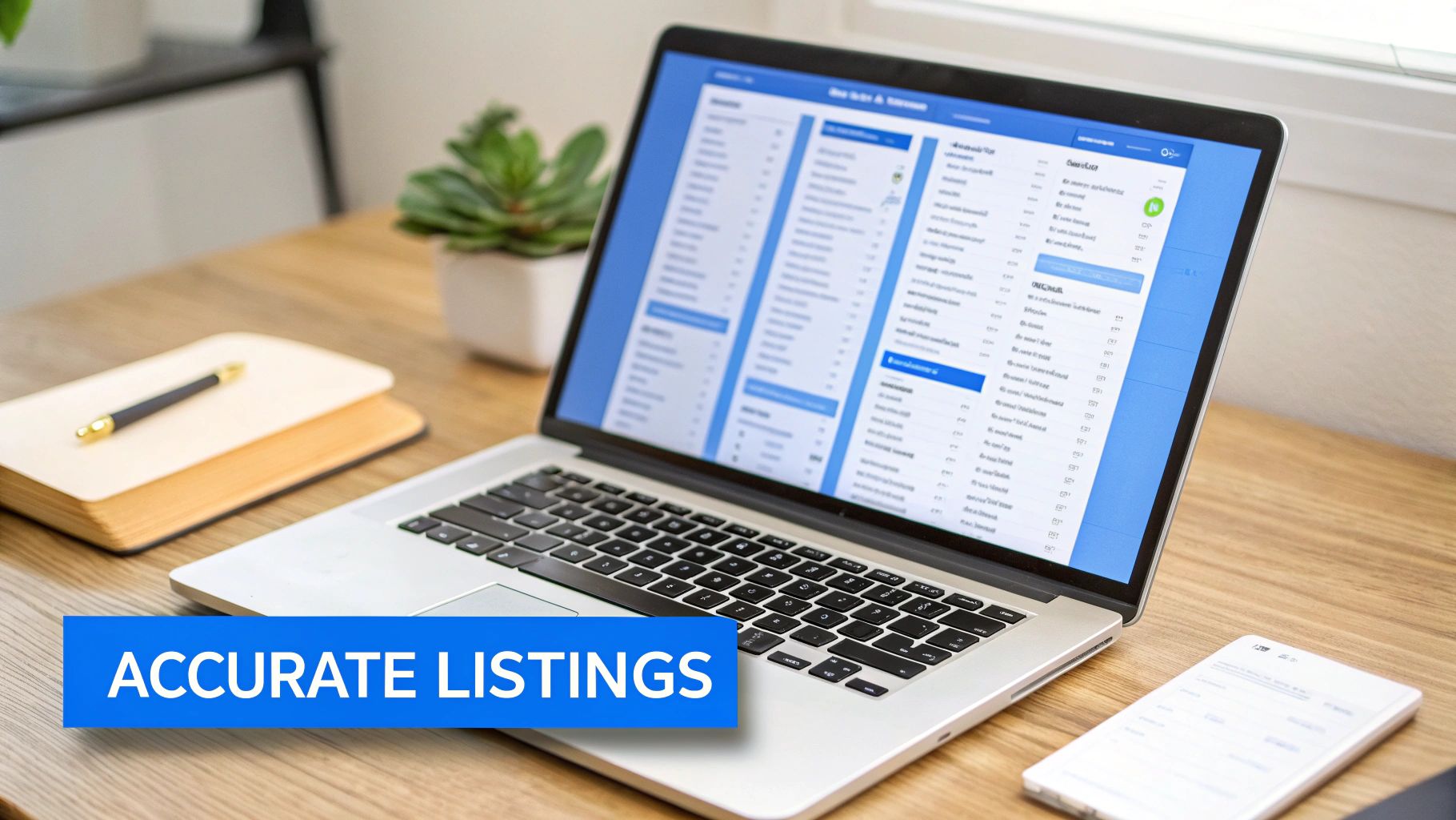 A laptop displaying data listings on a wooden desk with a notebook, pen, and plant, featuring an 'ACCURATE LISTINGS' banner.