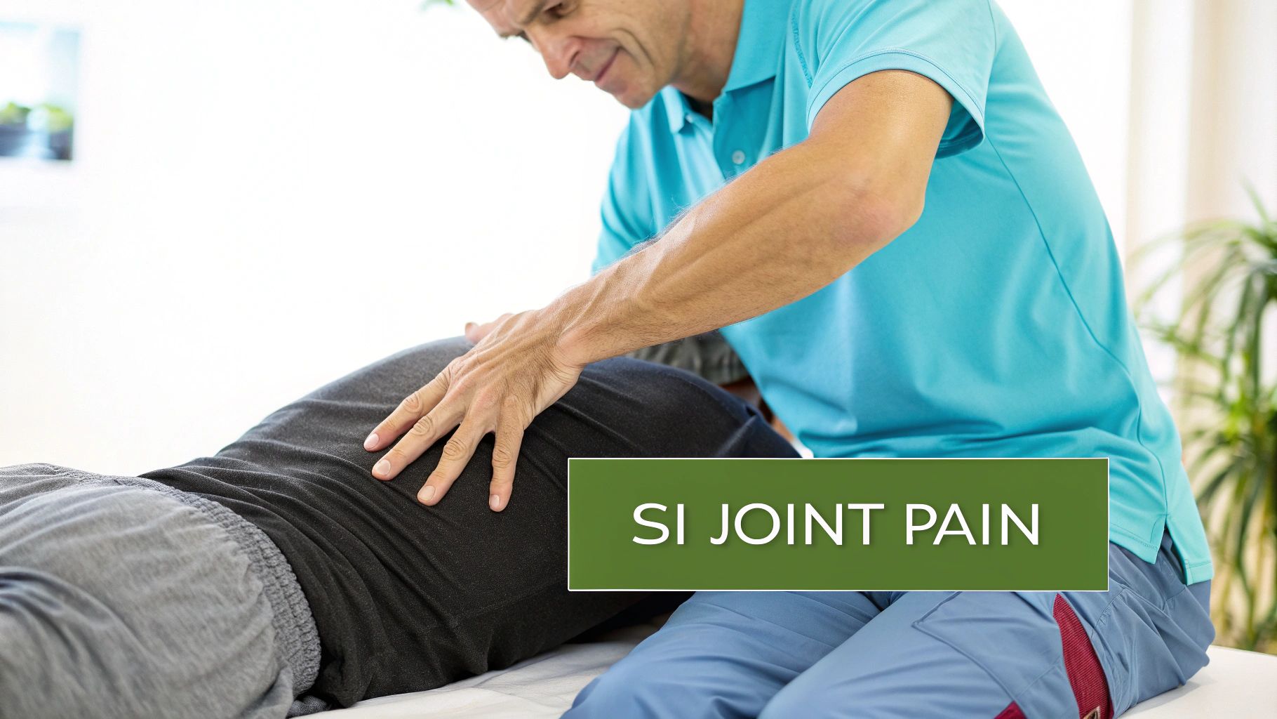 A physical therapist performs an adjustment on a patient's lower back, focusing on the SI joint for pain relief.